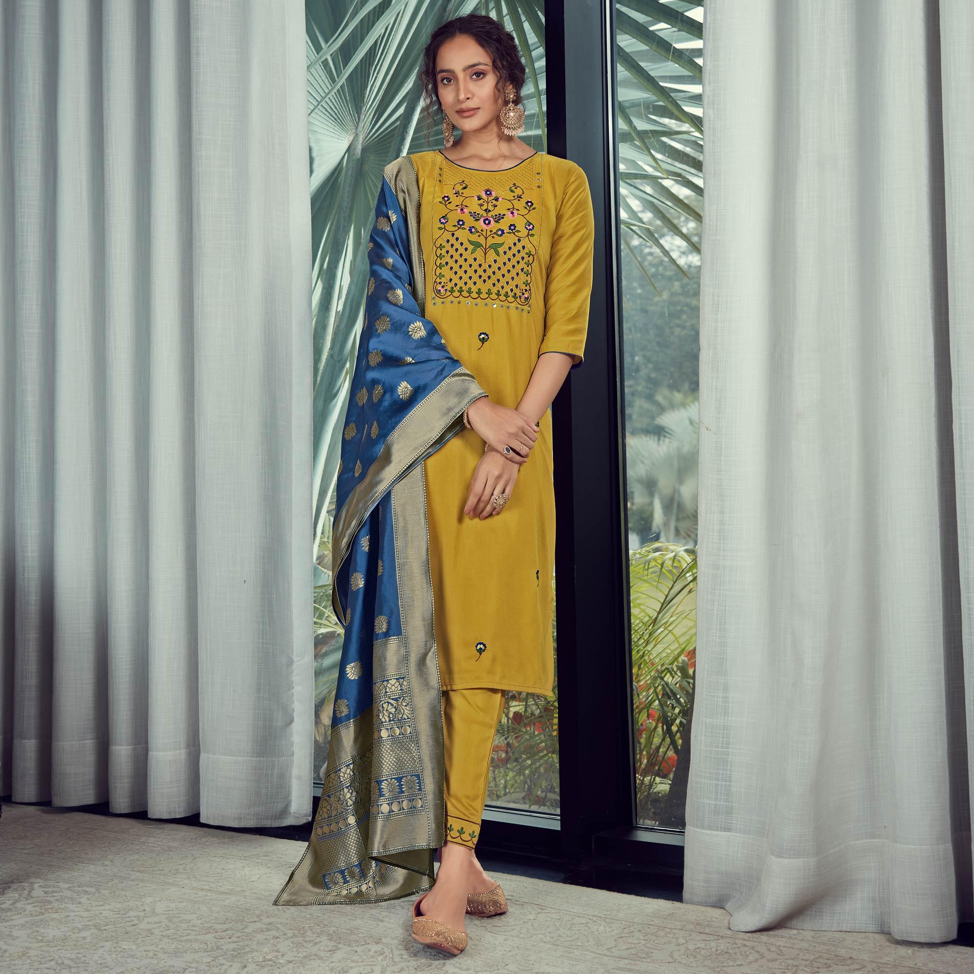 Green Party Wear Embroidered Silk Kurti Pant Set With Banarasi Jacquard Dupatta - Peachmode