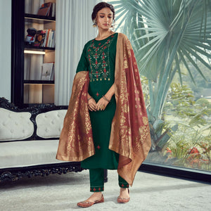 Green Party Wear Embroidered Silk Kurti Pant Set With Banarasi Jacquard Dupatta - Peachmode