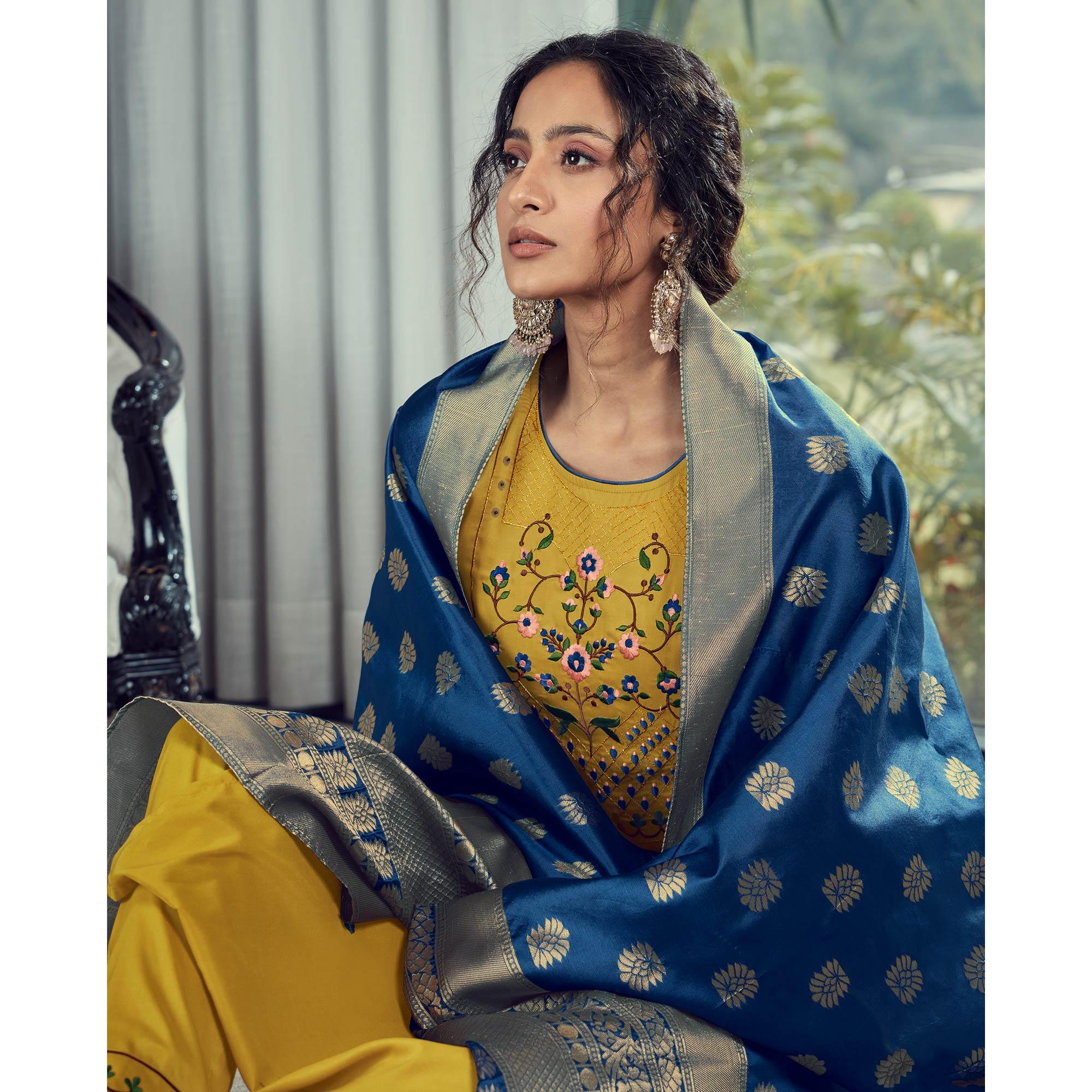 Green Party Wear Embroidered Silk Kurti Pant Set With Banarasi Jacquard Dupatta - Peachmode