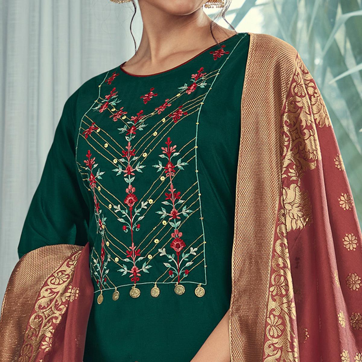 Green Party Wear Embroidered Silk Kurti Pant Set With Banarasi Jacquard Dupatta - Peachmode