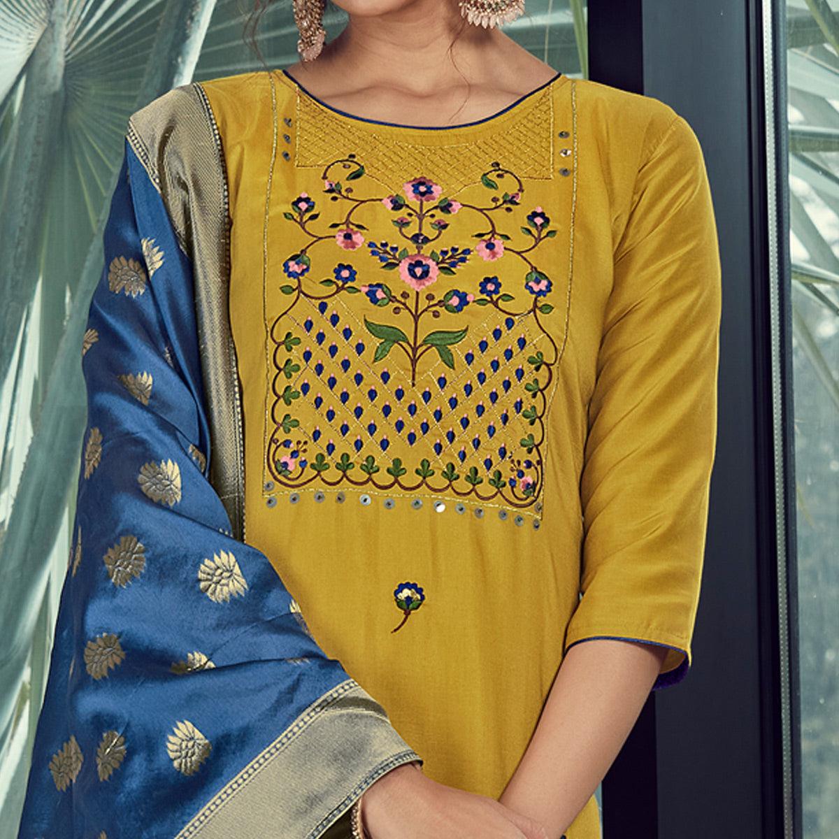 Green Party Wear Embroidered Silk Kurti Pant Set With Banarasi Jacquard Dupatta - Peachmode