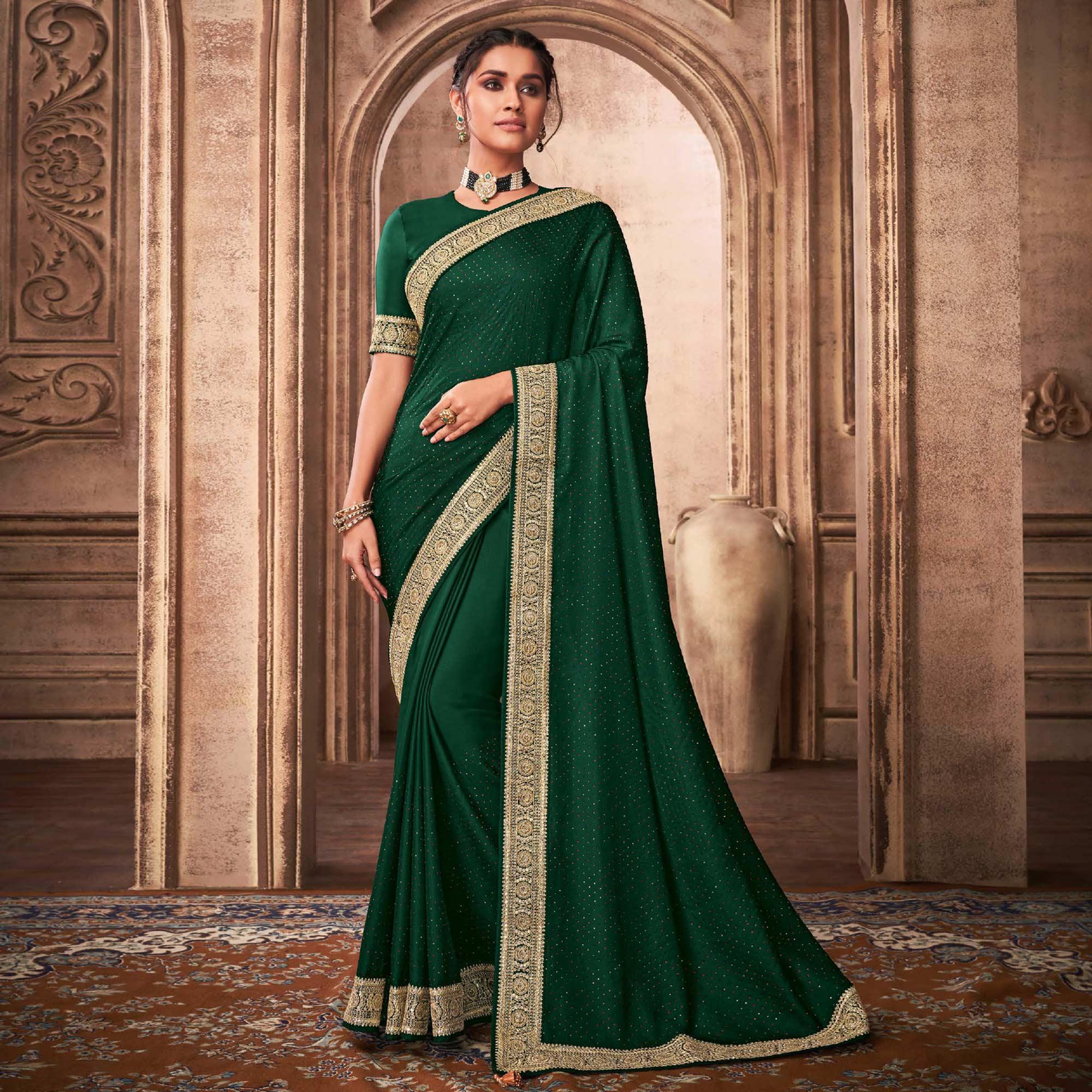 Green Party Wear Embroidery With Sequence Work Satin Silk Saree - Peachmode