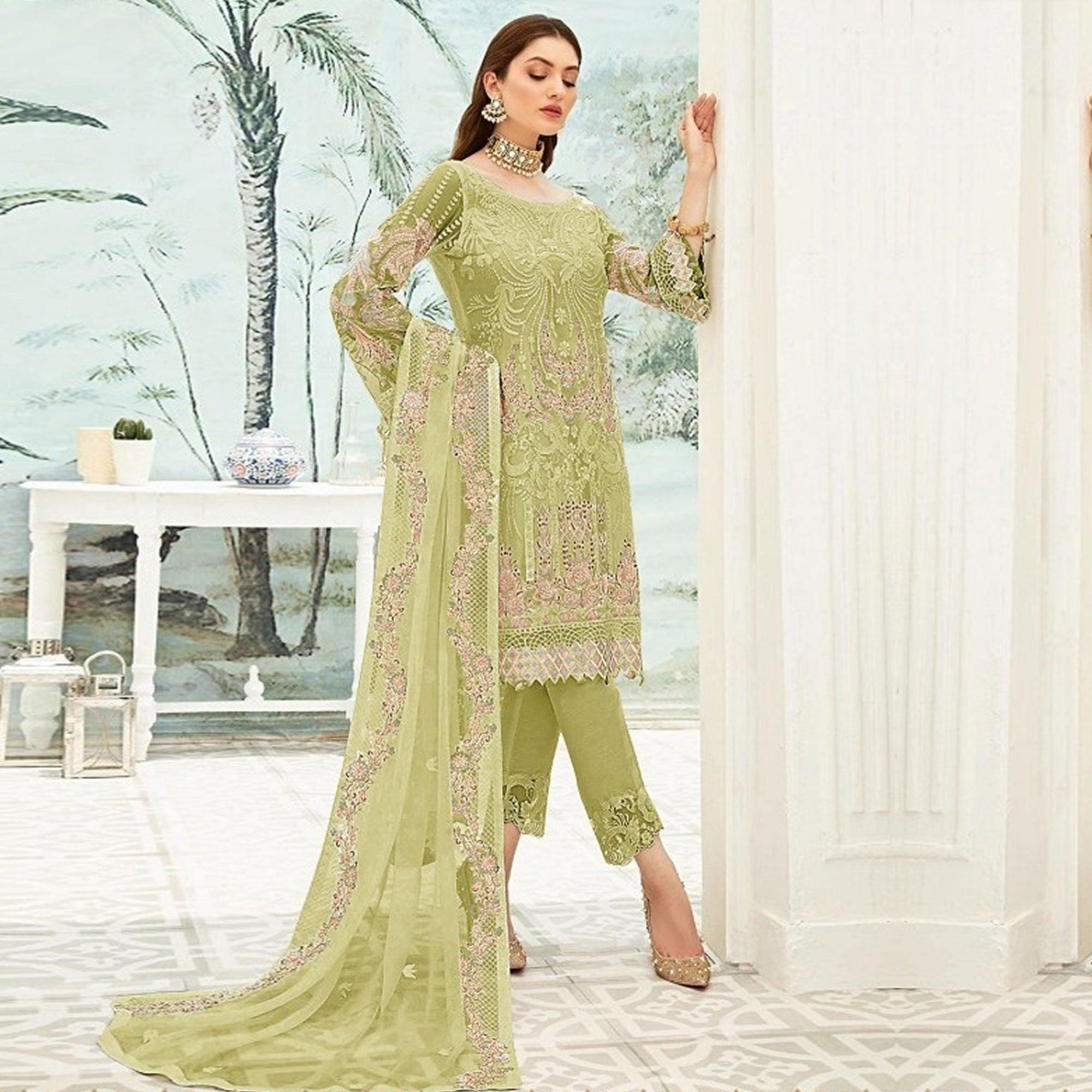 Green Party Wear Floral Embroidered Georgette Straight Salwar Suit - Peachmode