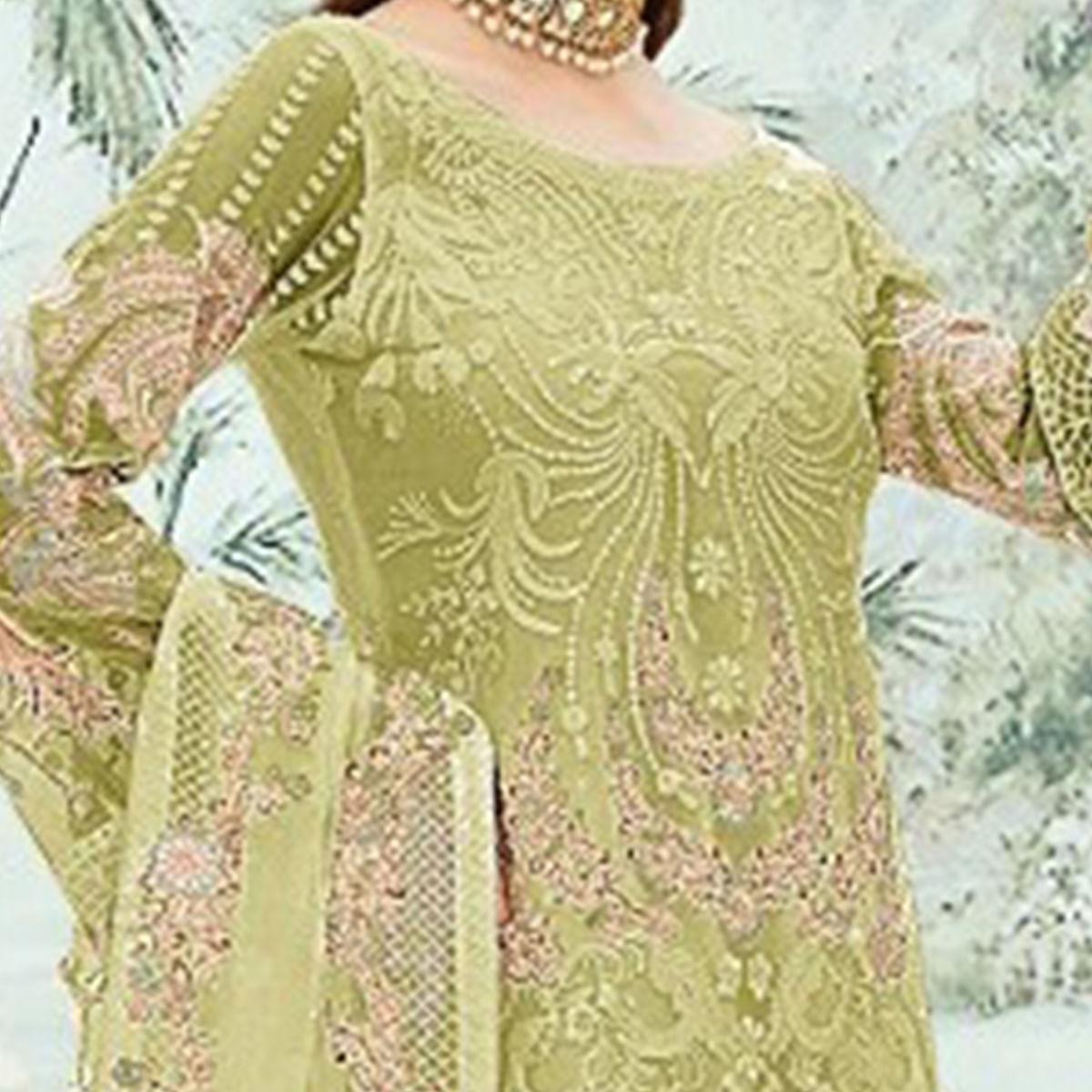 Green Party Wear Floral Embroidered Georgette Straight Salwar Suit - Peachmode