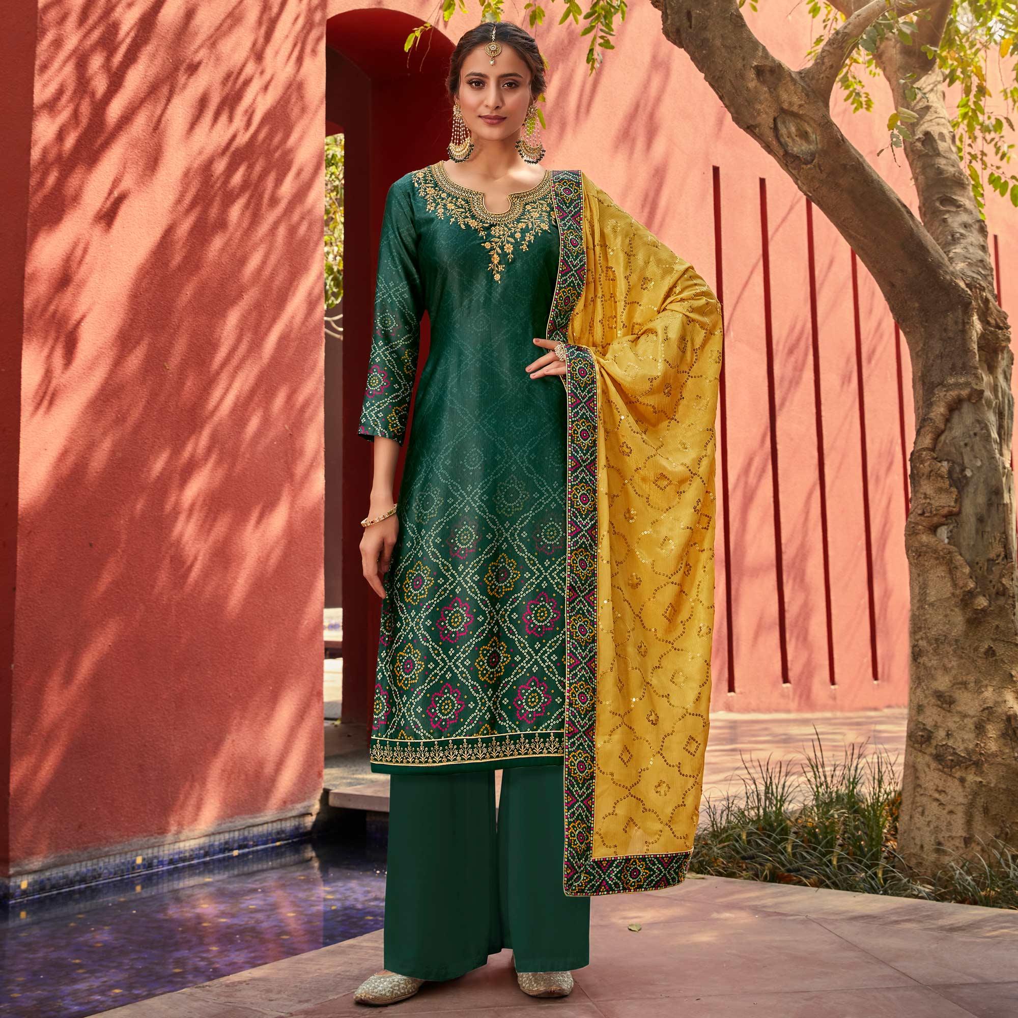 Green Party Wear Floral Embroidery With Digital Printed Jam Satin Suit - Peachmode