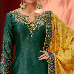Green Party Wear Floral Embroidery With Digital Printed Jam Satin Suit - Peachmode