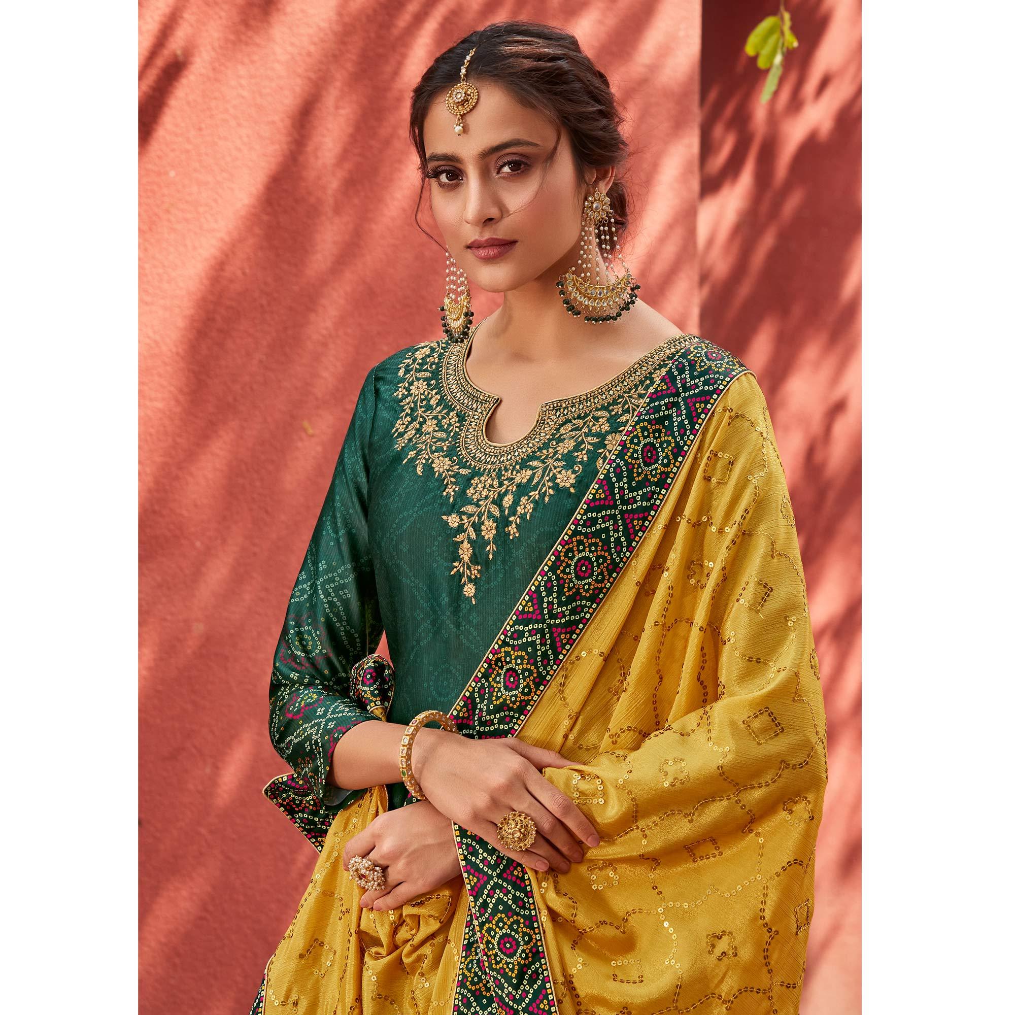 Green Party Wear Floral Embroidery With Digital Printed Jam Satin Suit - Peachmode