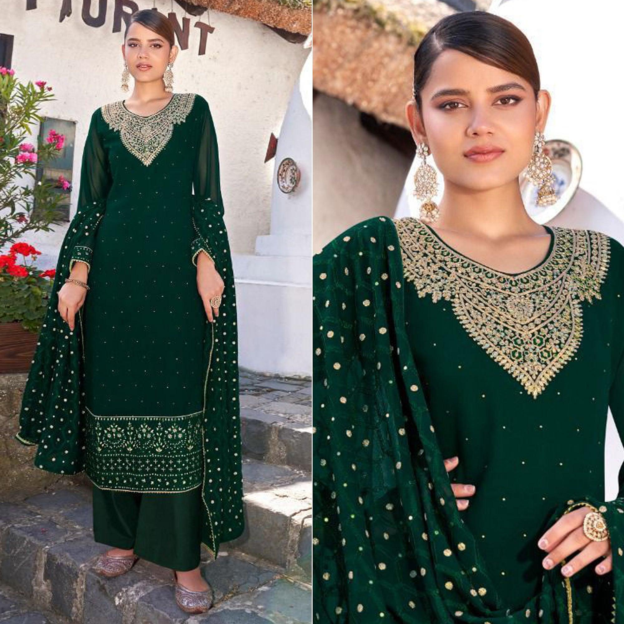 Green Party Wear Heavy Embroidered Georgette Suit - Peachmode