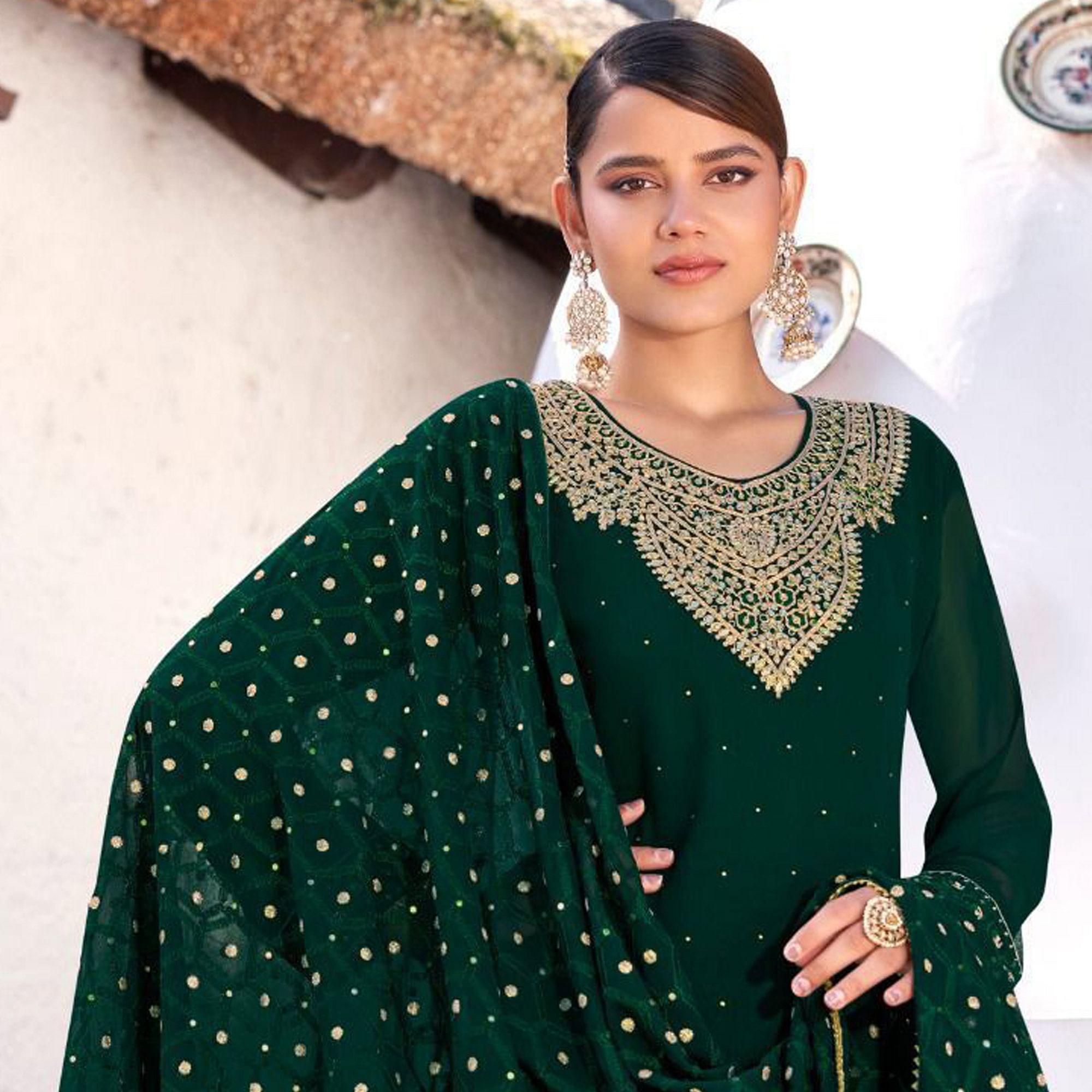 Green Party Wear Heavy Embroidered Georgette Suit - Peachmode