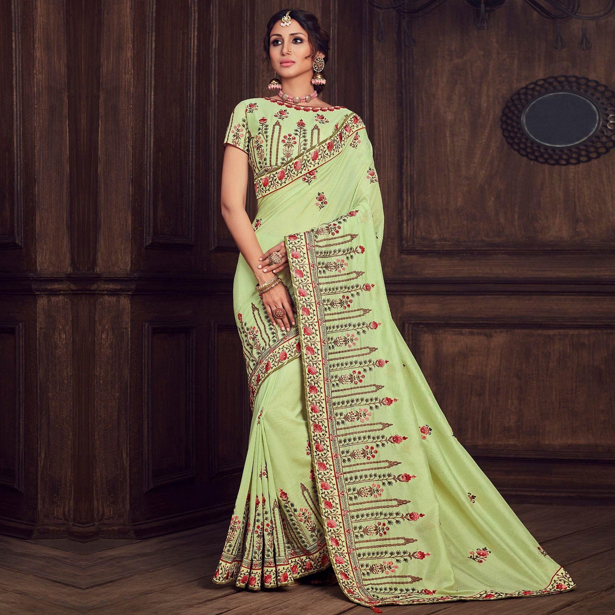 Green Party Wear Heavy Embroidered Silk Saree - Peachmode