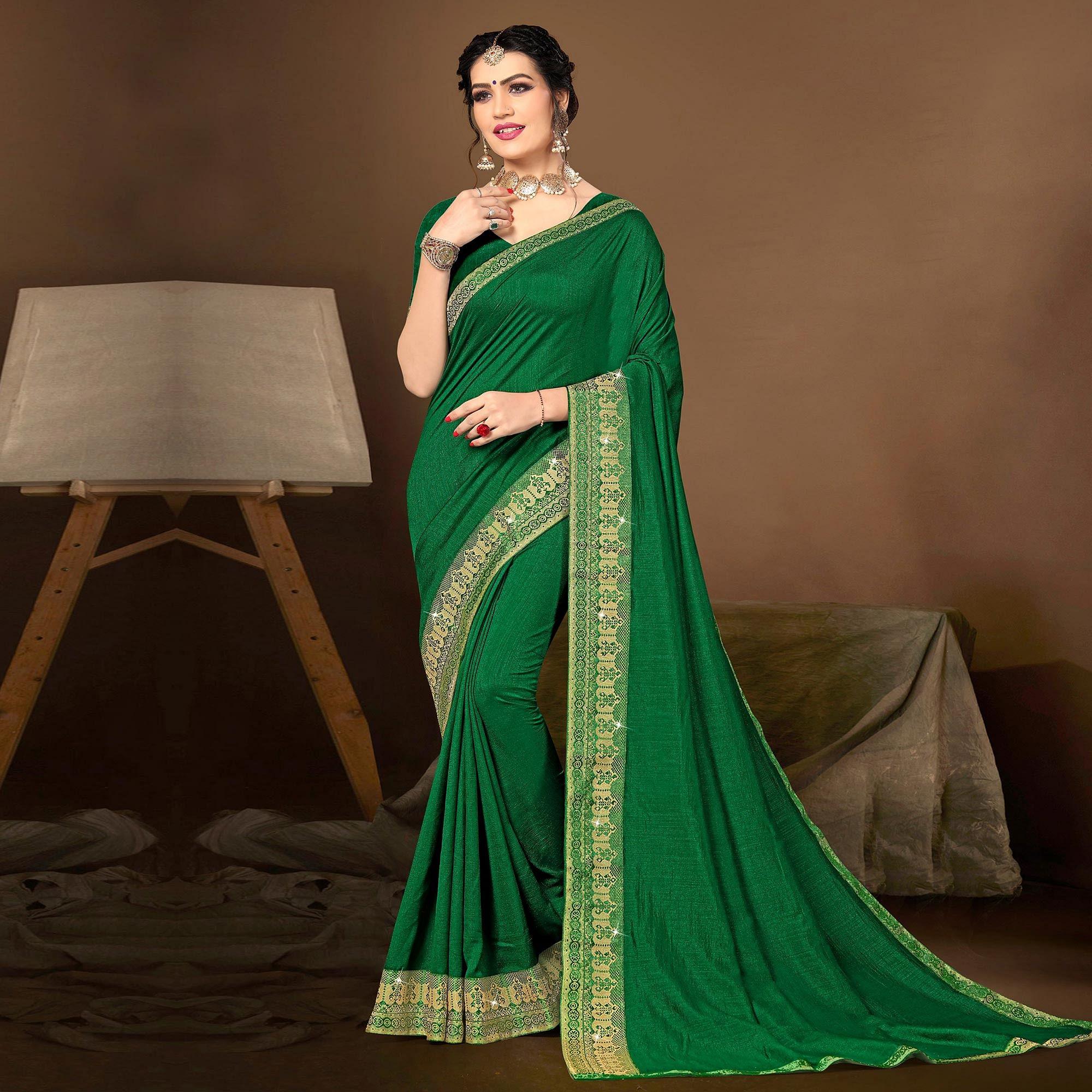 Green Party Wear Lace Work Silk Saree - Peachmode
