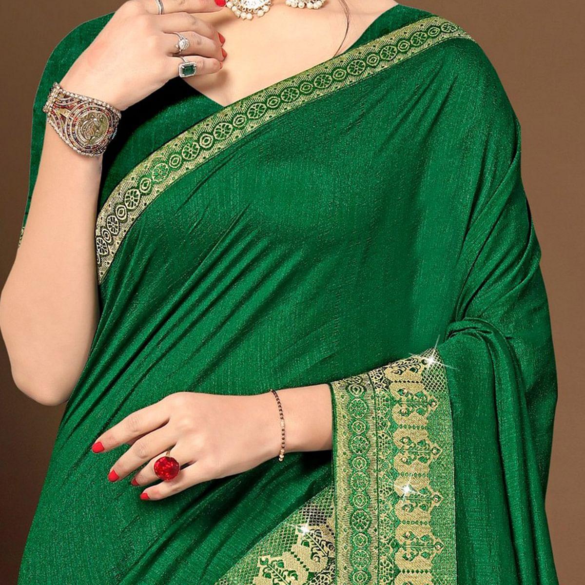 Green Party Wear Lace Work Silk Saree - Peachmode