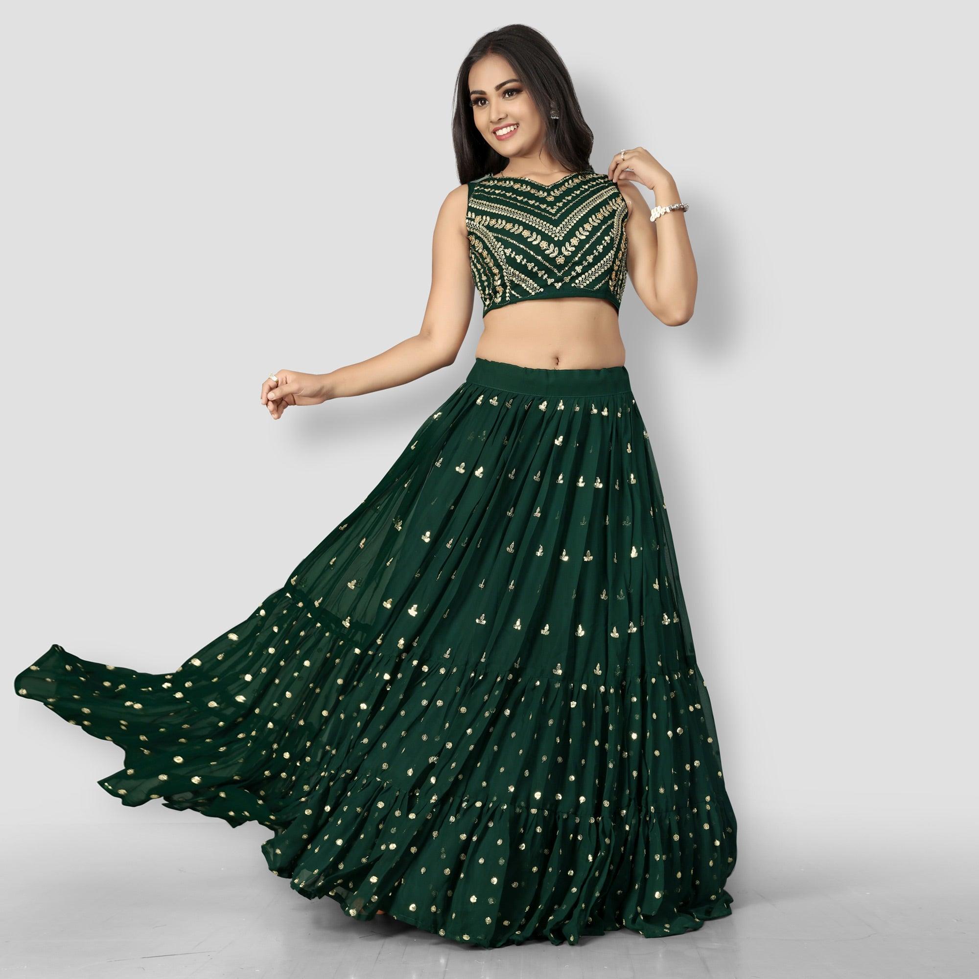 Green Party Wear Sequence Embroidered Georgette Lehenga Choli - Peachmode