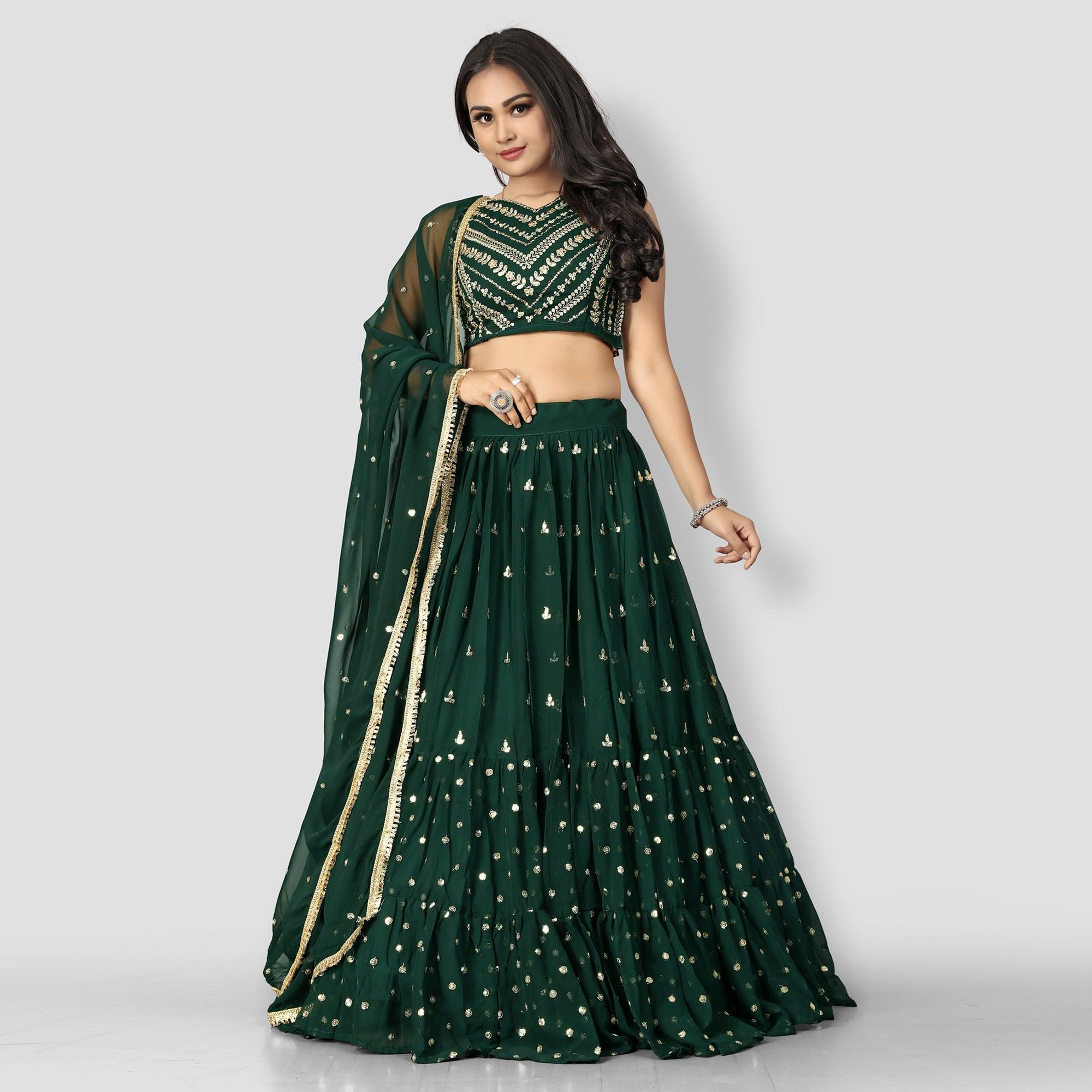 Green Party Wear Sequence Embroidered Georgette Lehenga Choli - Peachmode