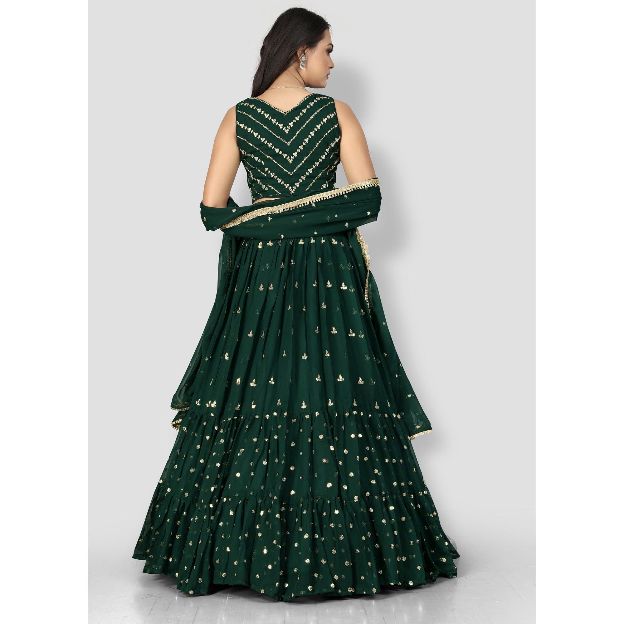 Green Party Wear Sequence Embroidered Georgette Lehenga Choli - Peachmode
