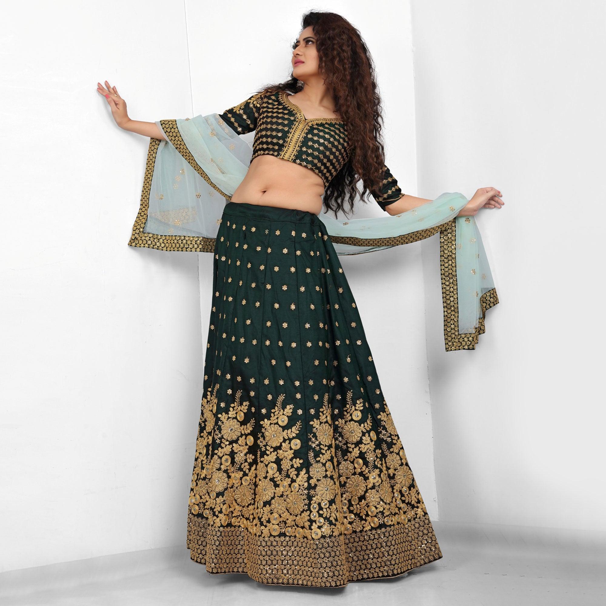 Green Party Wear Sequence Embroidered Tapetta Lehenga Choli - Peachmode