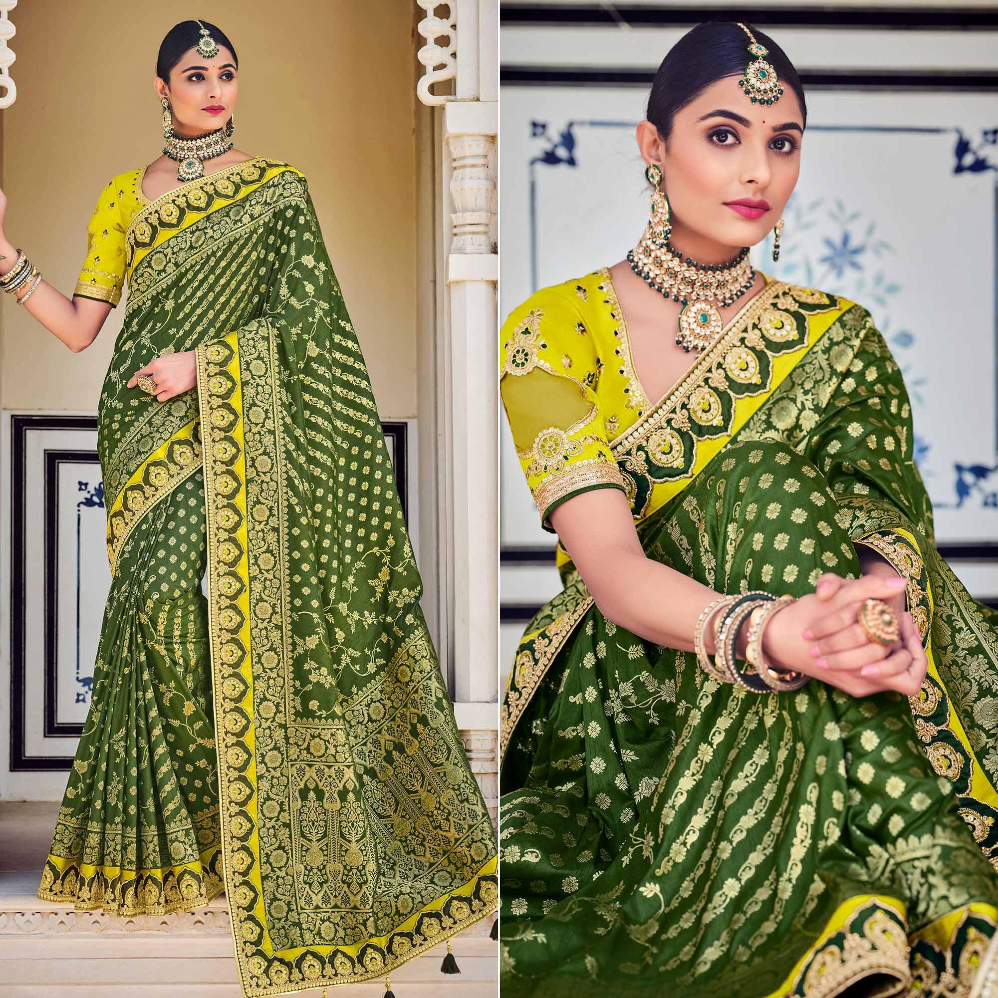 Green Party Wear Woven-Embroidered Silk Saree - Peachmode