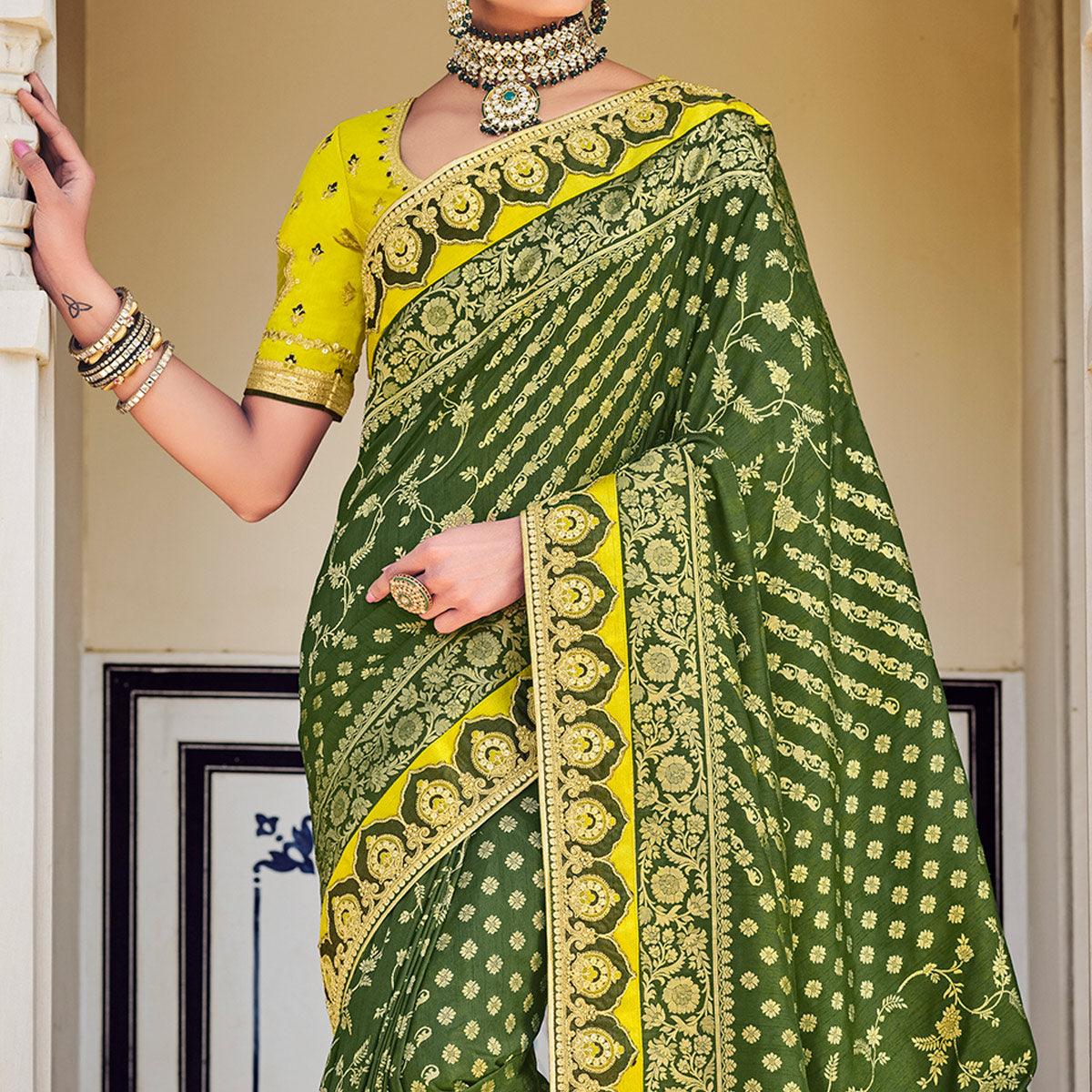 Green Party Wear Woven-Embroidered Silk Saree - Peachmode