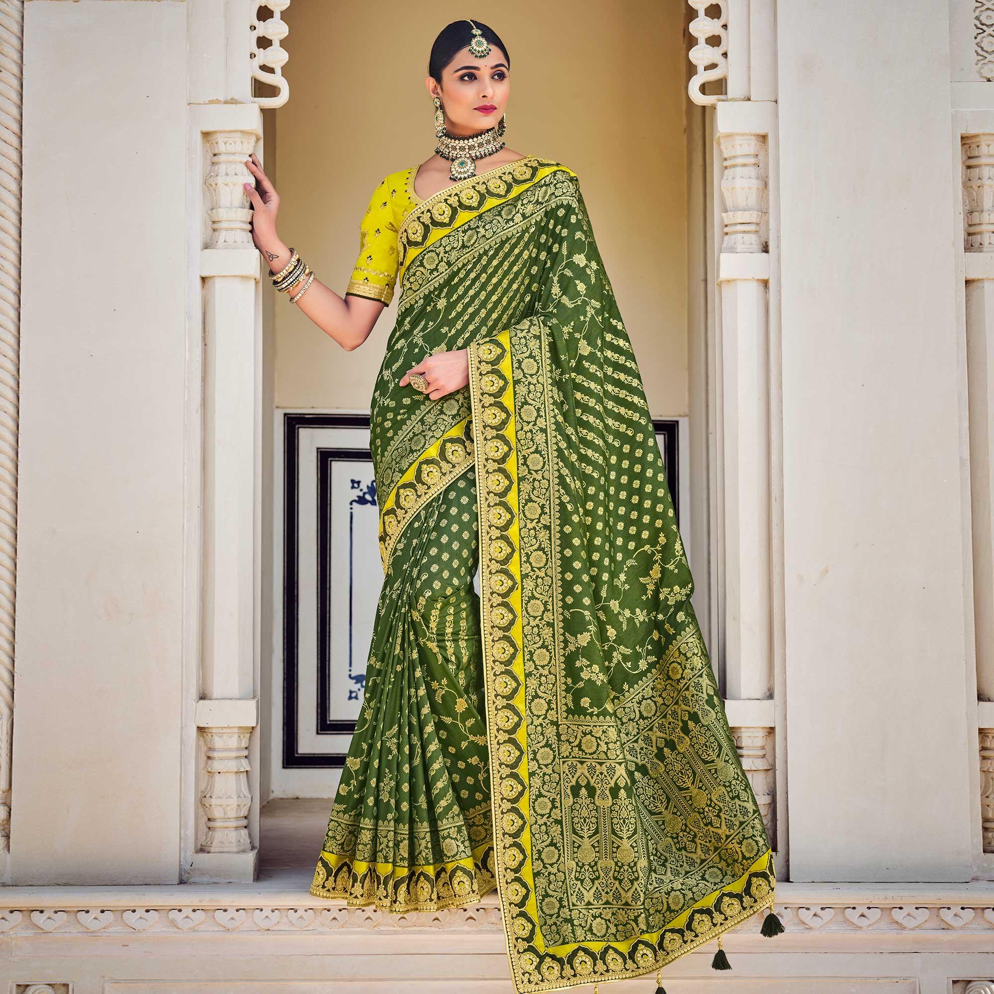 Green Party Wear Woven-Embroidered Silk Saree - Peachmode