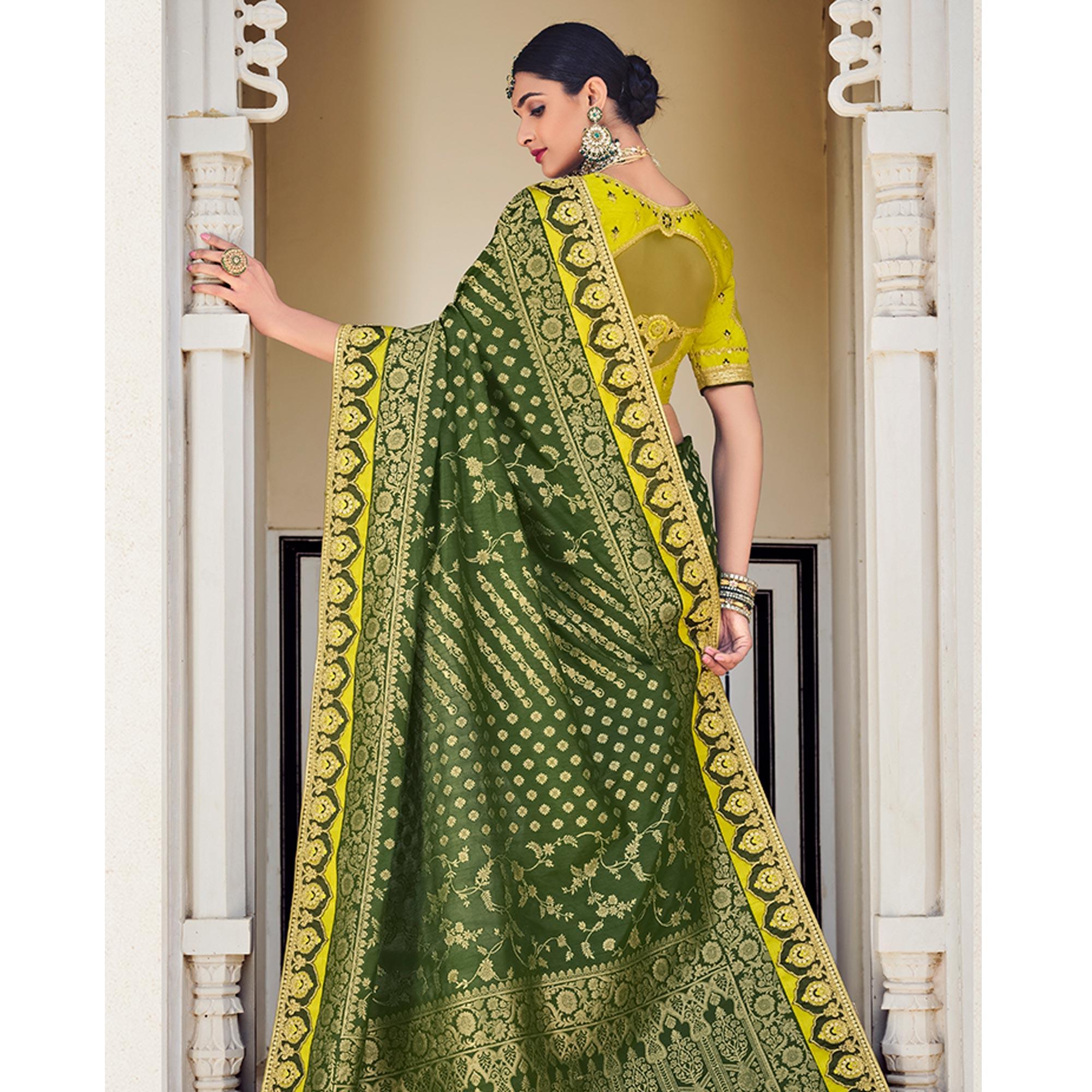 Green Party Wear Woven-Embroidered Silk Saree - Peachmode