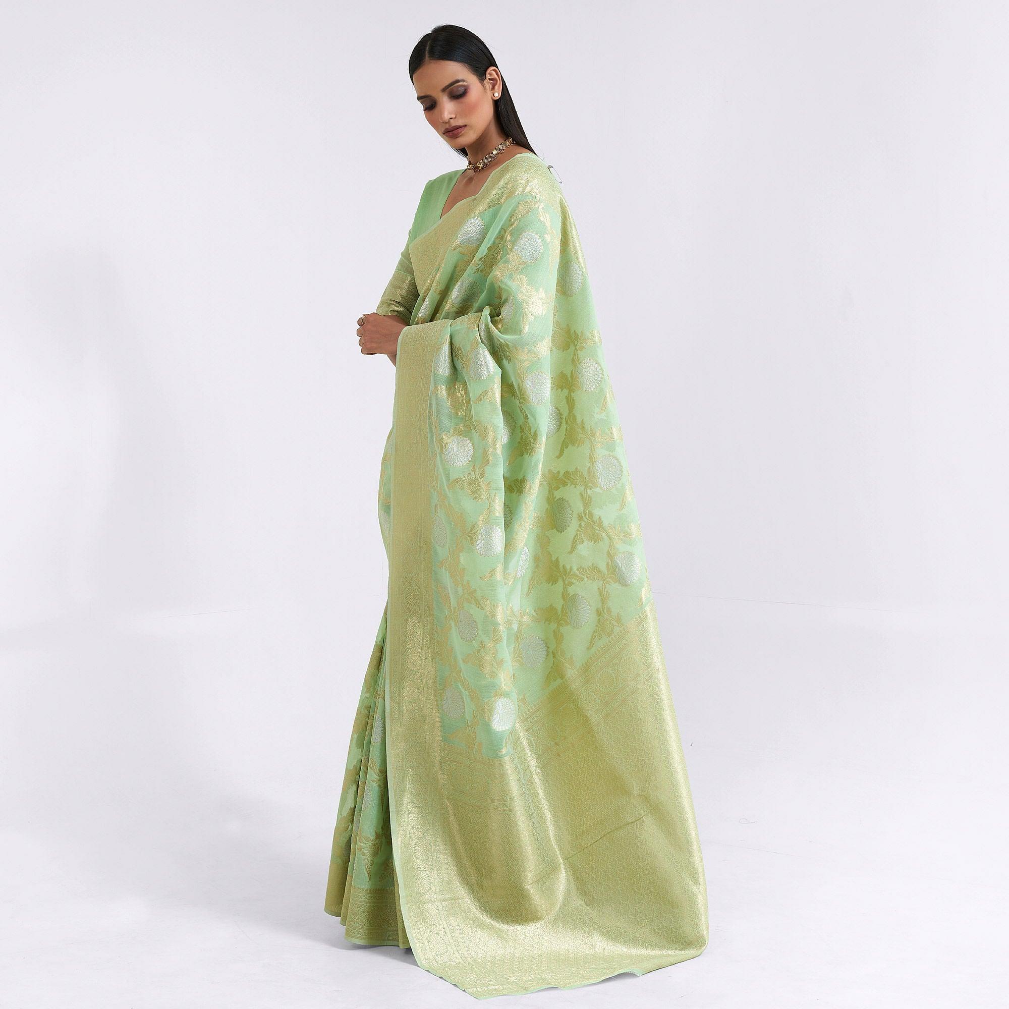 Green Party Wear Woven Pure Linen Saree - Peachmode