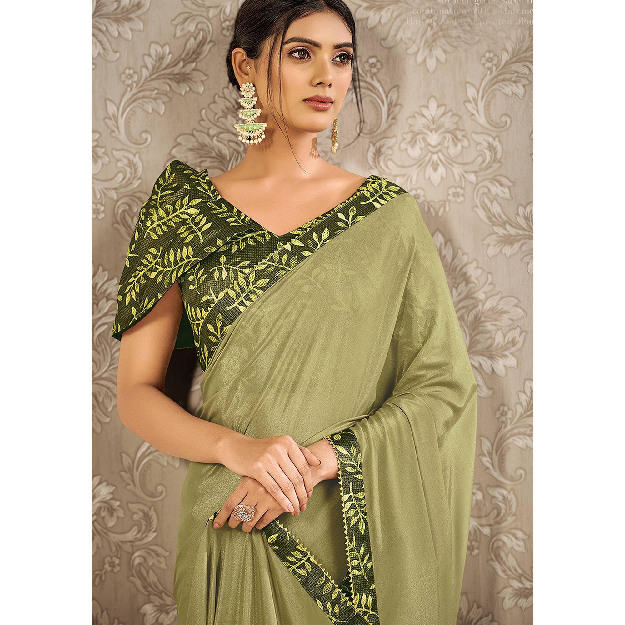 Green Partywear Appliqued With Digital Printed Georgette Saree - Peachmode