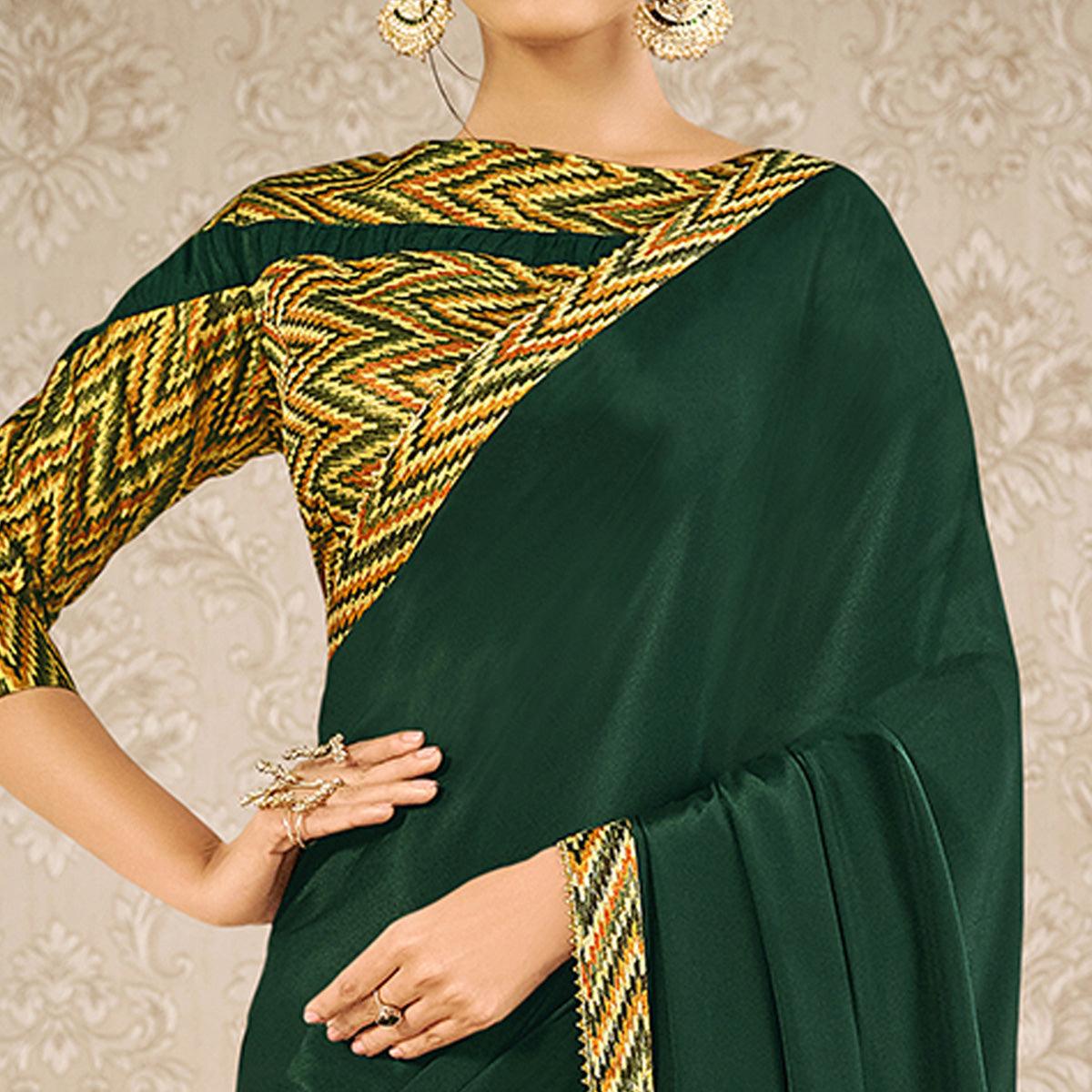 Green Partywear Appliqued With Digital Printed Satin Saree - Peachmode