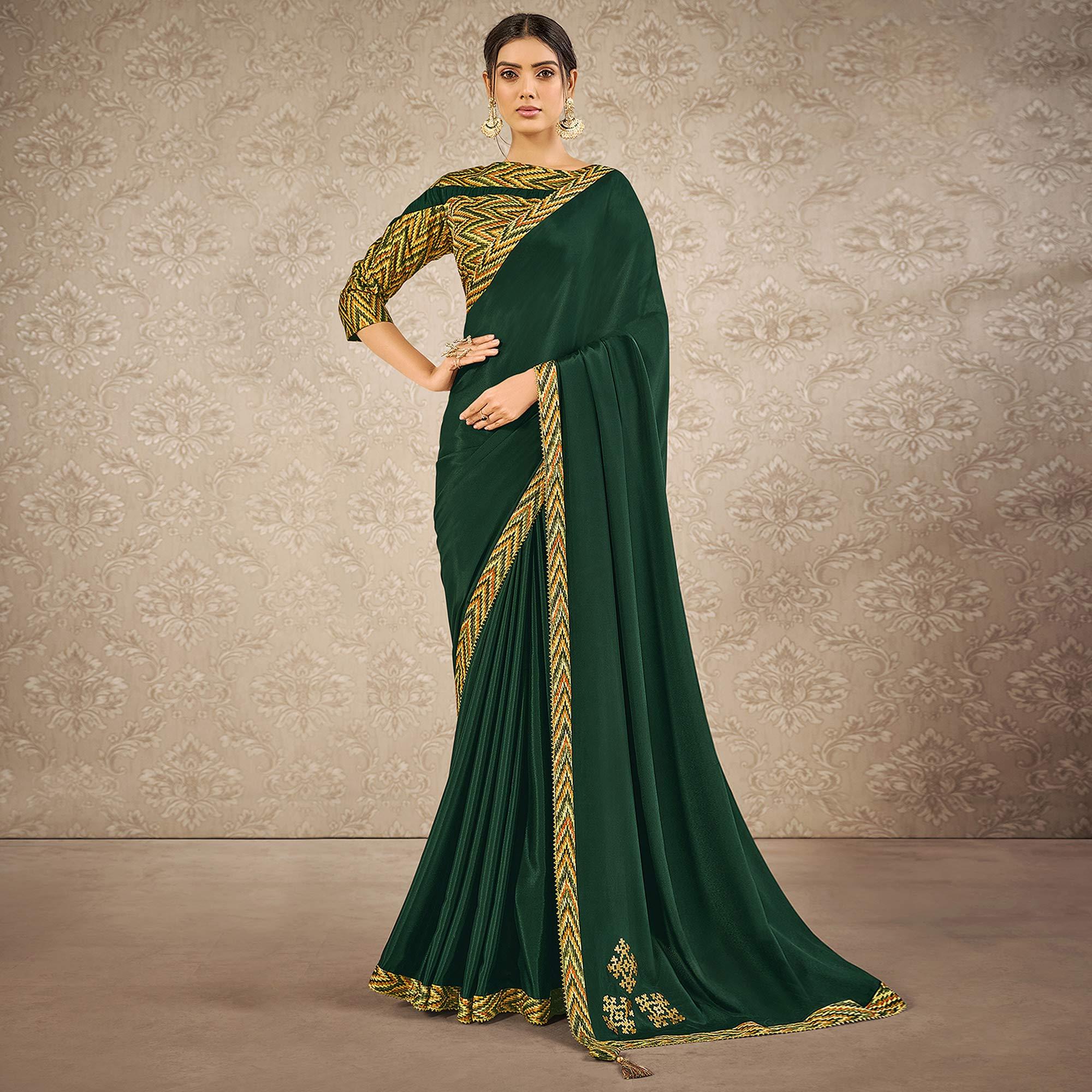 Green Partywear Appliqued With Digital Printed Satin Saree - Peachmode