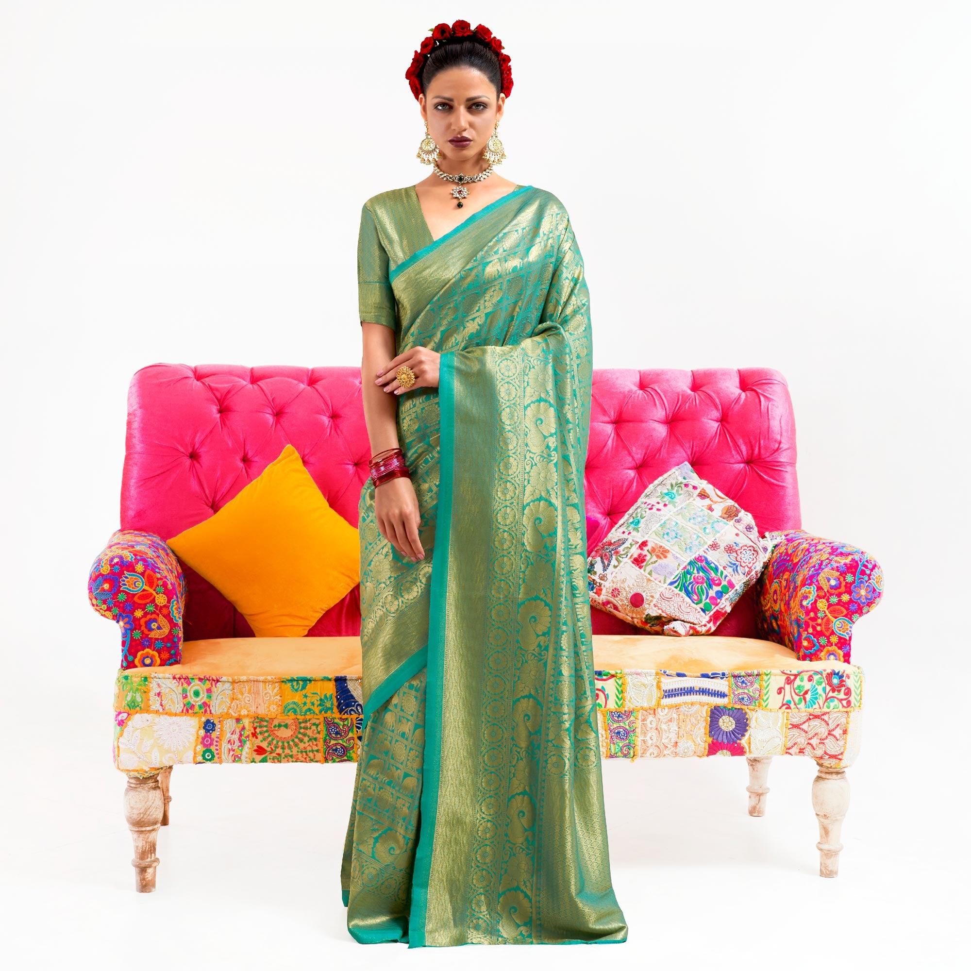 Green Partywear Banarasi Woven Silk Saree - Peachmode