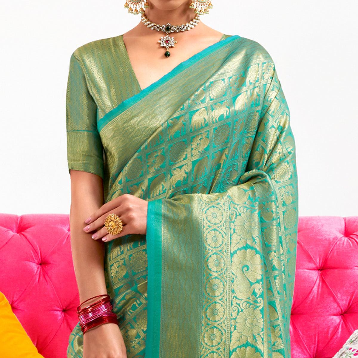 Green Partywear Banarasi Woven Silk Saree - Peachmode