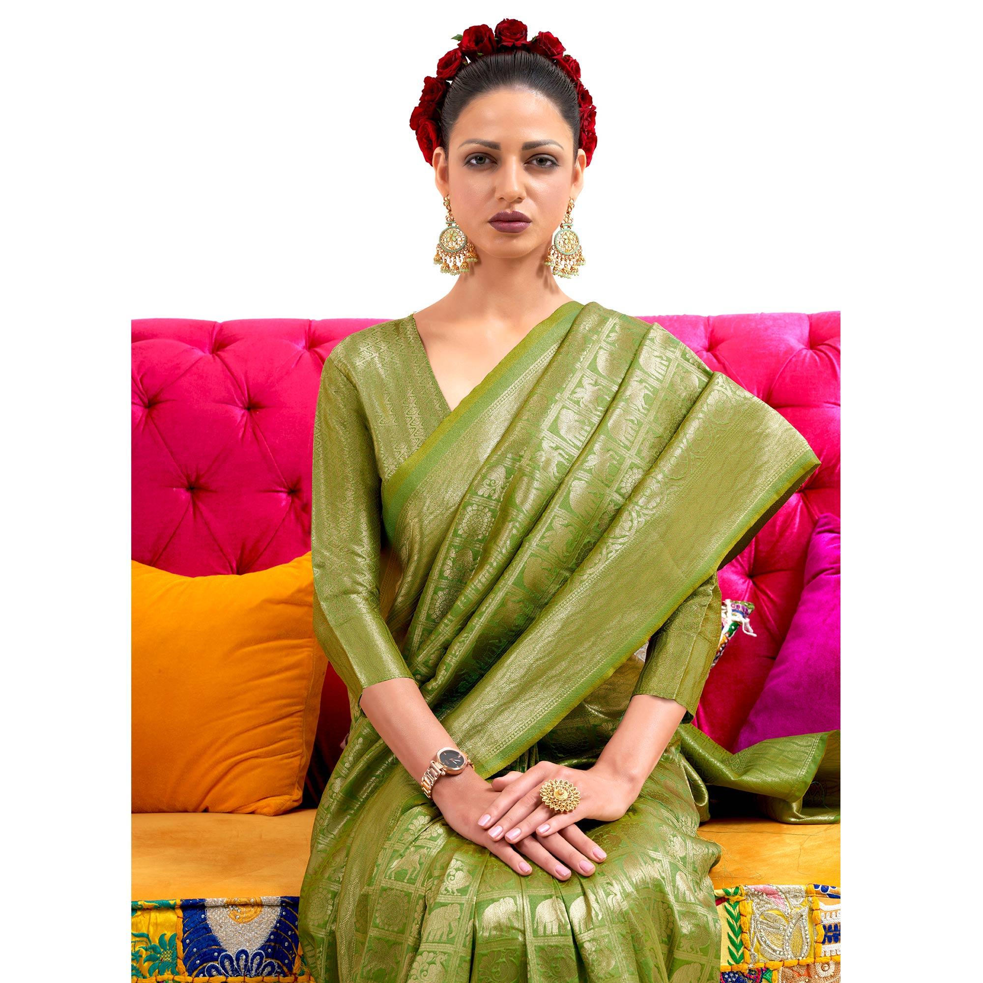 Green Partywear Banarasi Woven Silk Saree - Peachmode