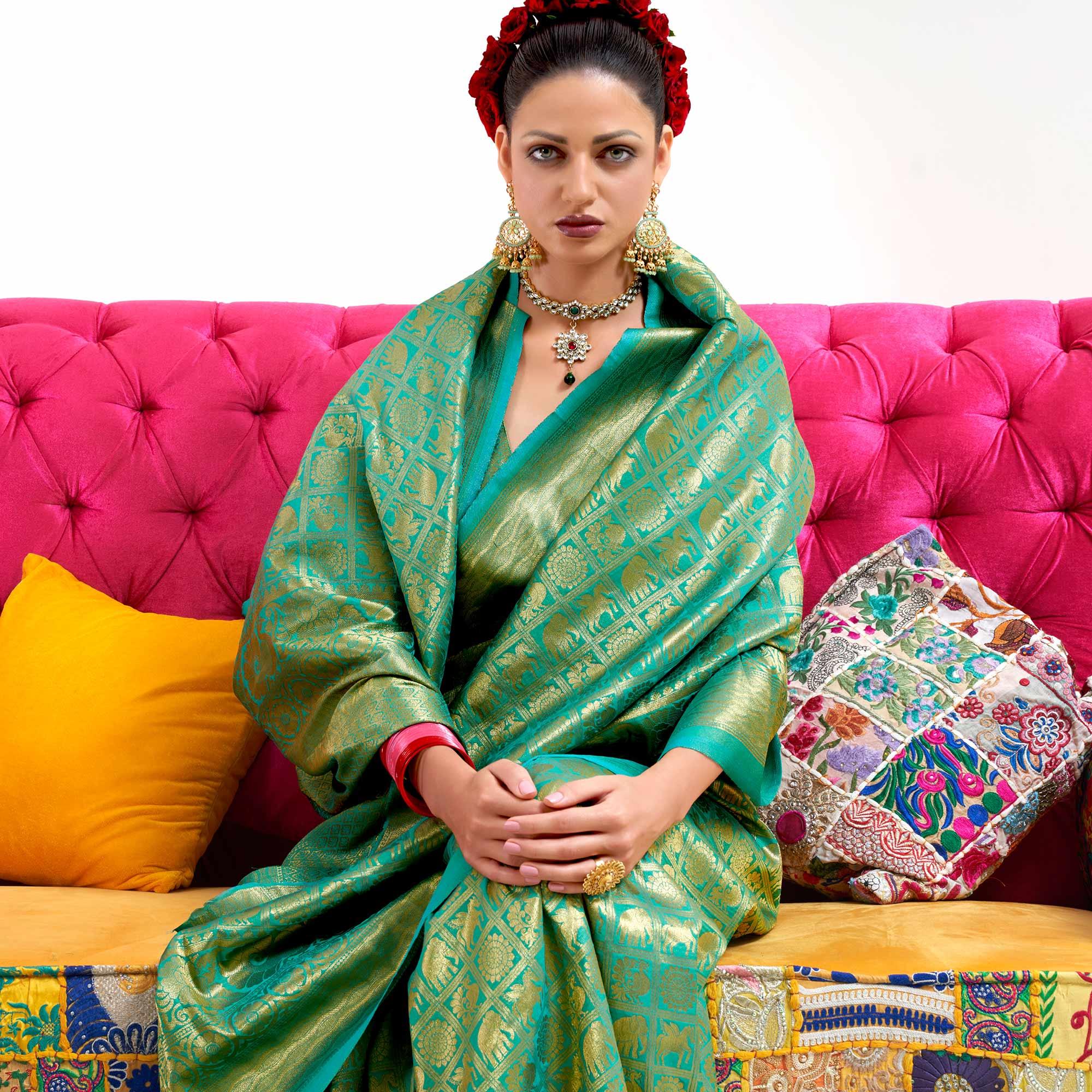 Green Partywear Banarasi Woven Silk Saree - Peachmode
