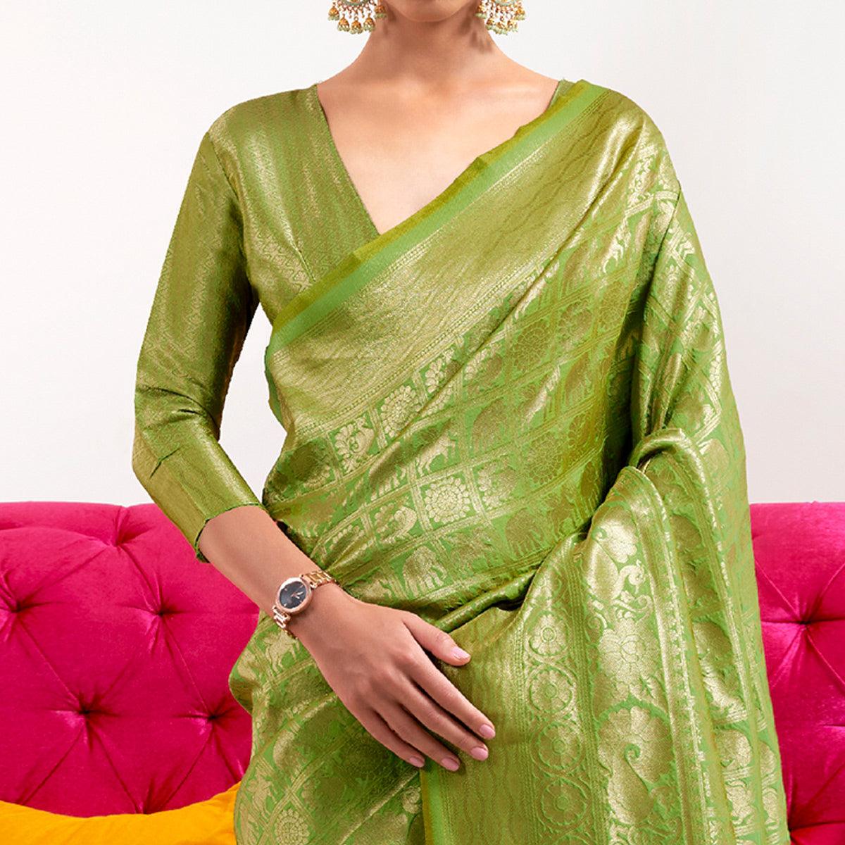 Green Partywear Banarasi Woven Silk Saree - Peachmode