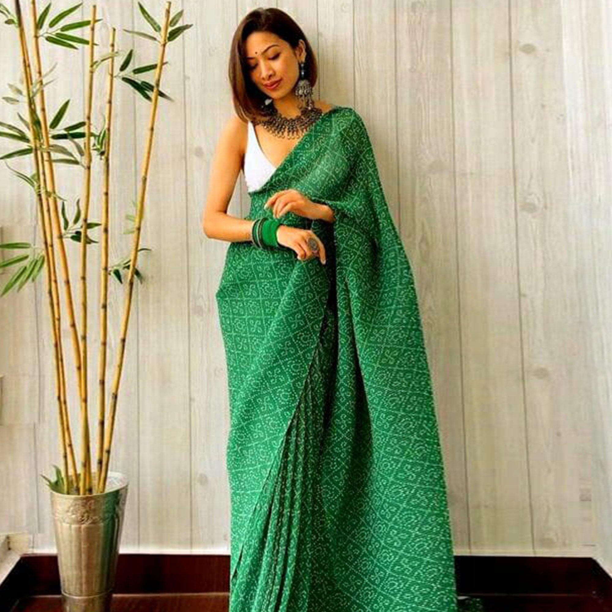 Green Partywear Bandhani Printed Georgette Saree - Peachmode