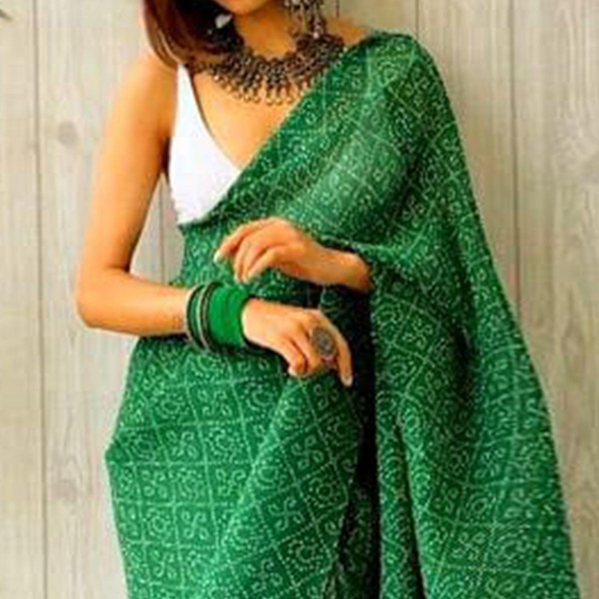Green Partywear Bandhani Printed Georgette Saree - Peachmode