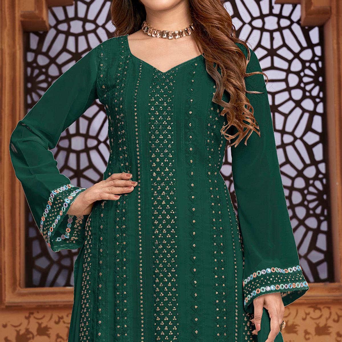 Green Partywear Designer Embroidered Heavy Faux Georgette Palazzo Suit - Peachmode