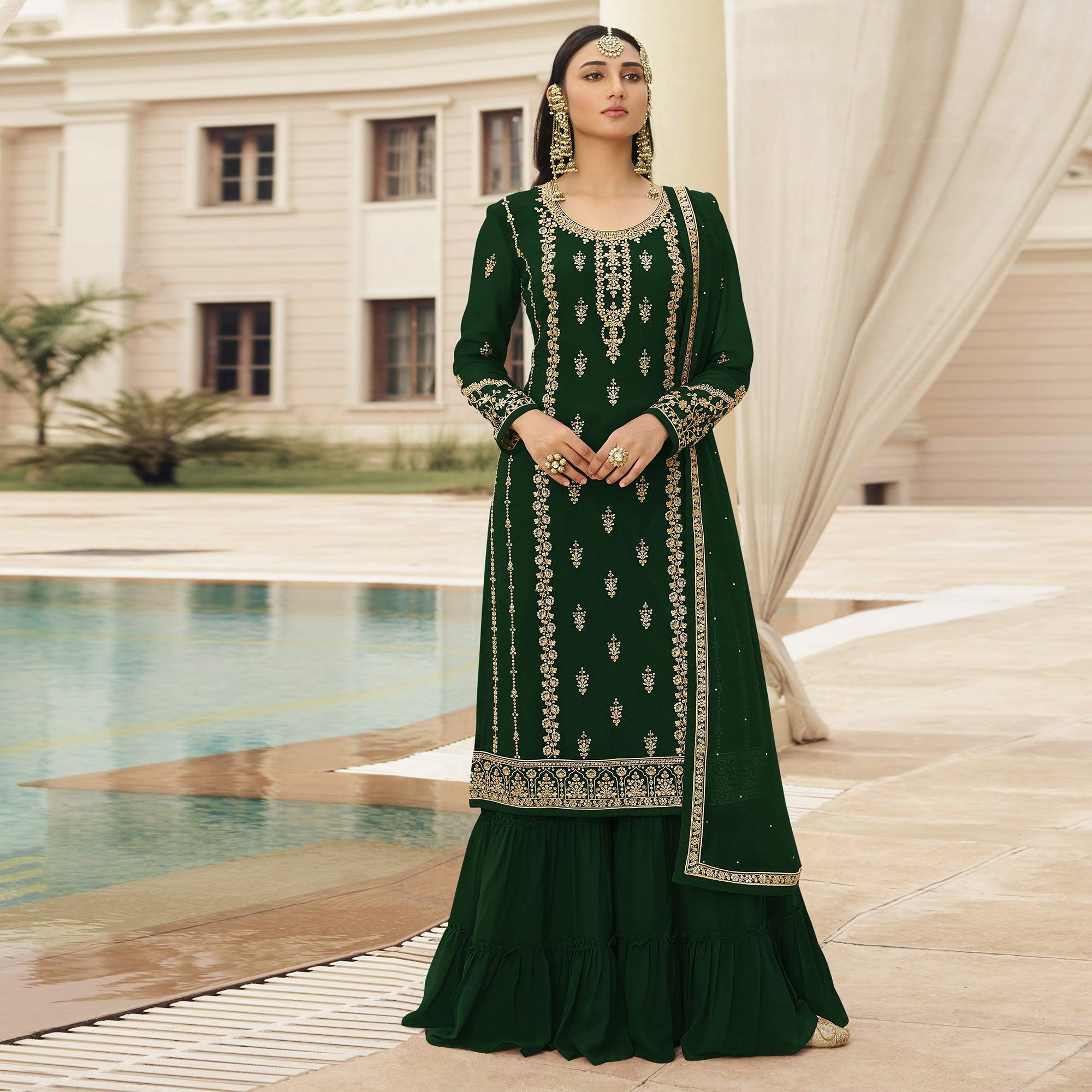 Green Partywear Designer Embroidered With Sequence Georgette Palazzo Suit - Peachmode