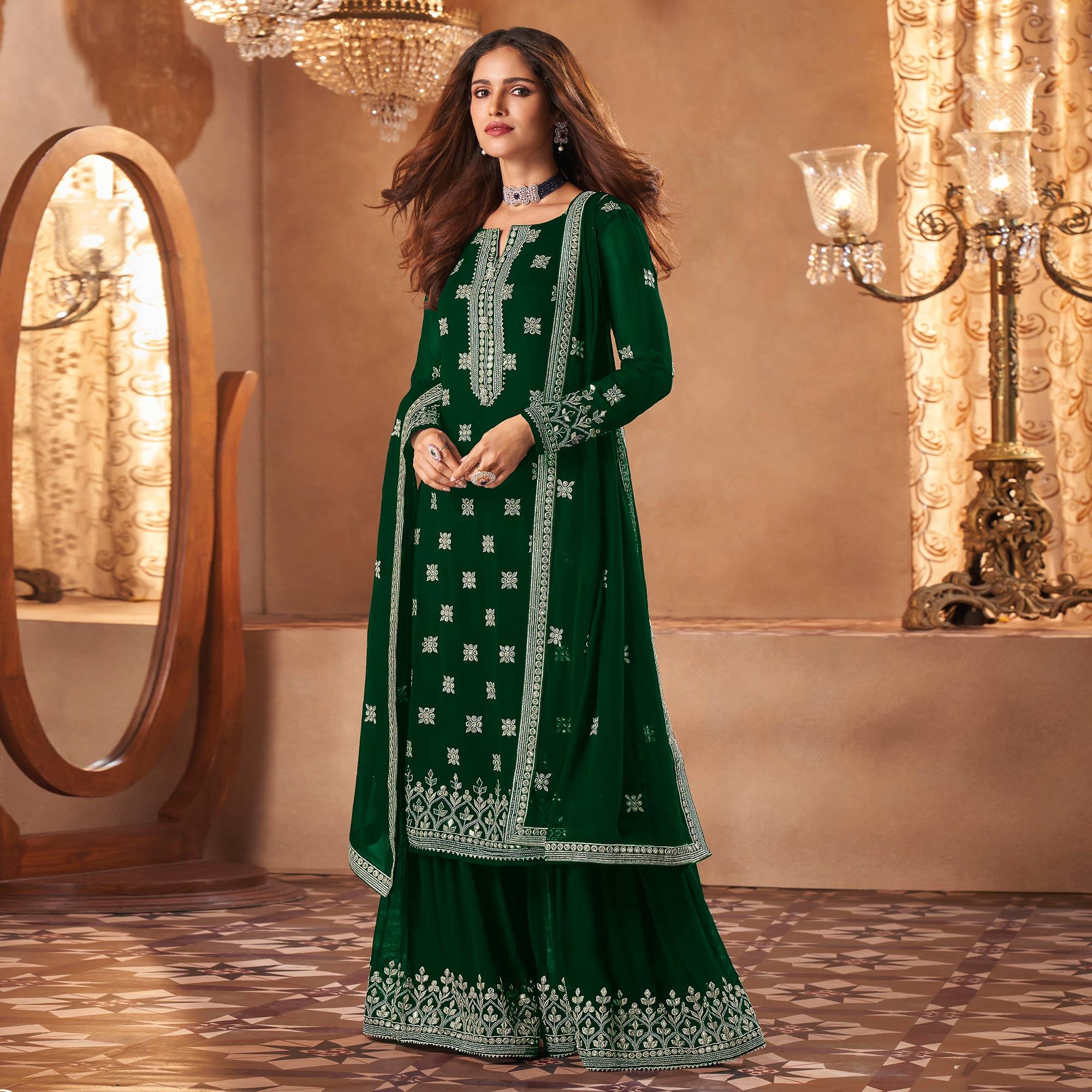 Green Partywear Designer Floral Embroidered Georgette Palazzo Suit - Peachmode