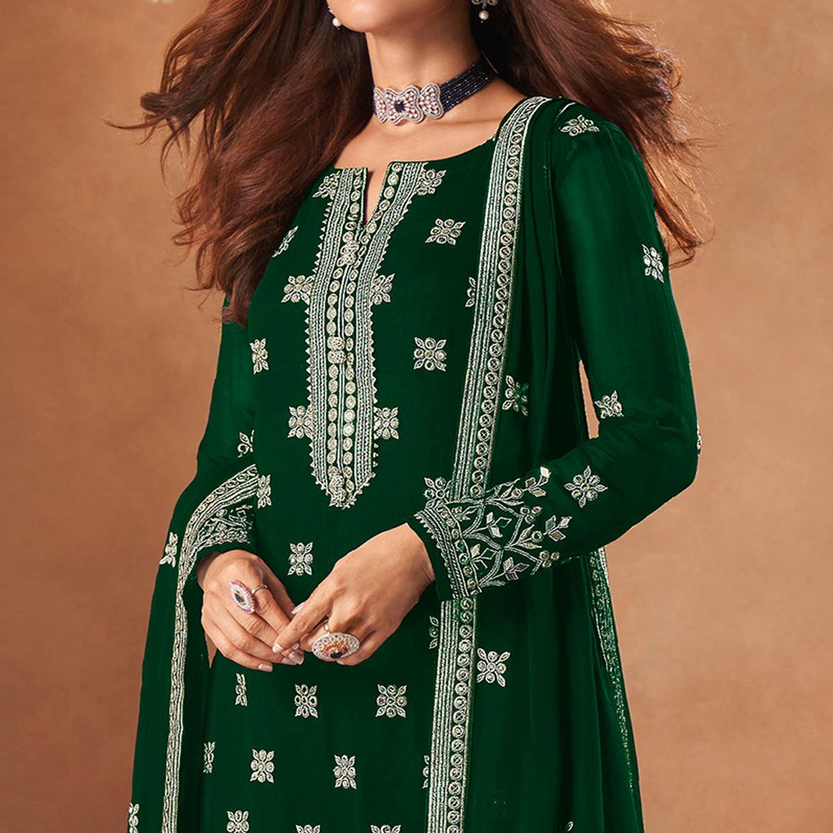 Green Partywear Designer Floral Embroidered Georgette Palazzo Suit - Peachmode