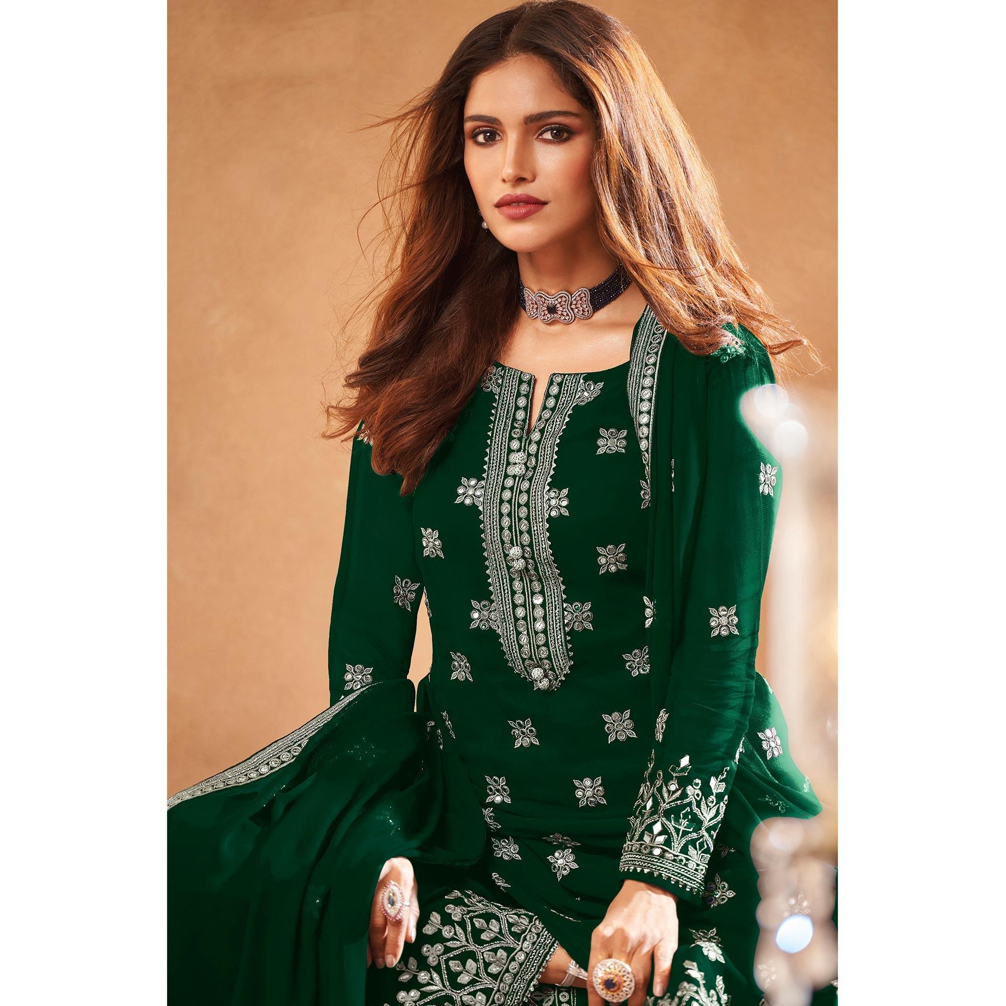Green Partywear Designer Floral Embroidered Georgette Palazzo Suit - Peachmode