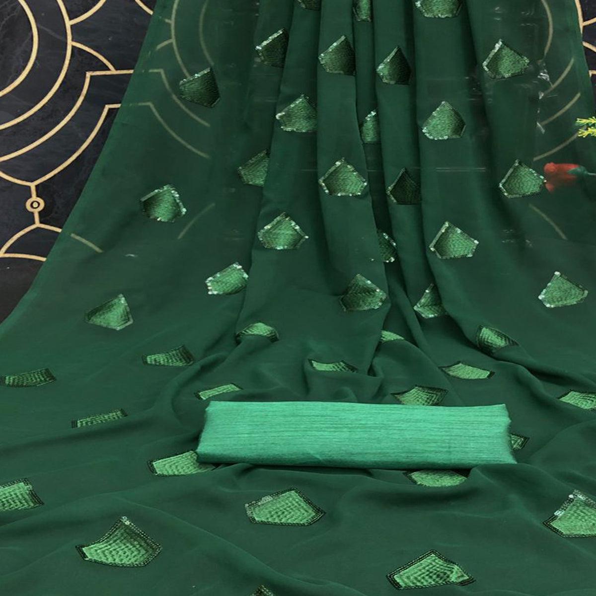 Green Partywear Diamond Sequence Georgette Saree - Peachmode