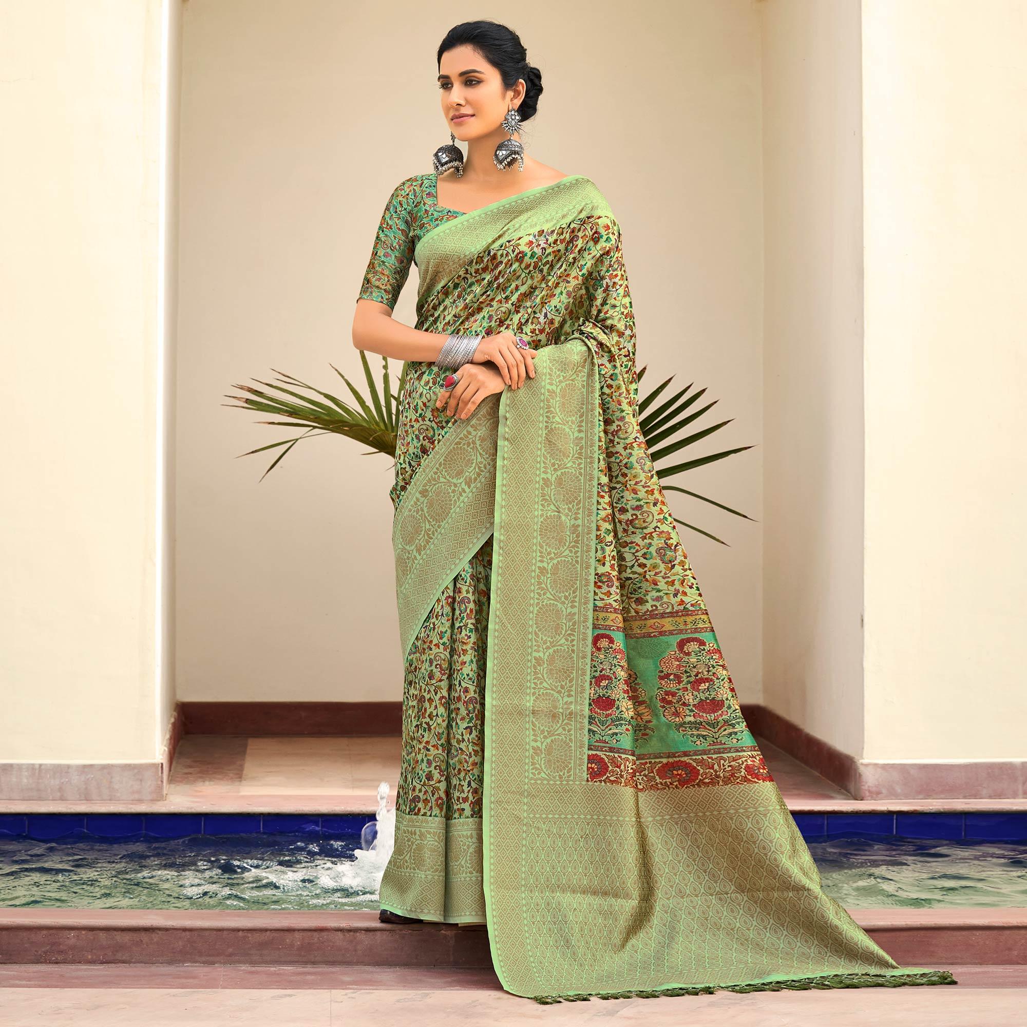 Green Partywear Digital Printed Silk Saree - Peachmode