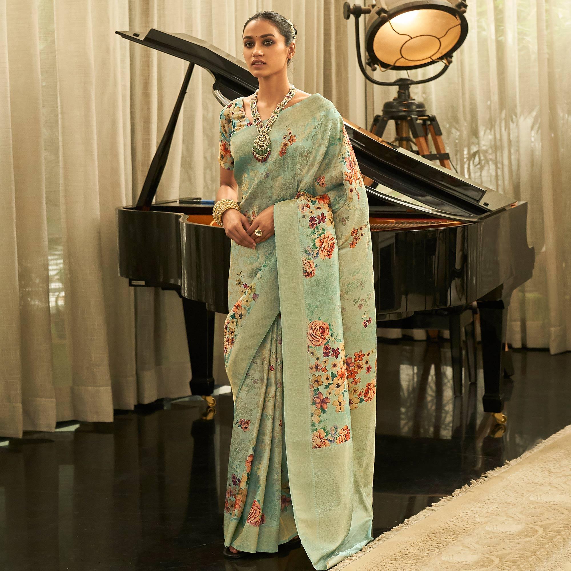 Green Partywear Digital Printed Silk Saree - Peachmode