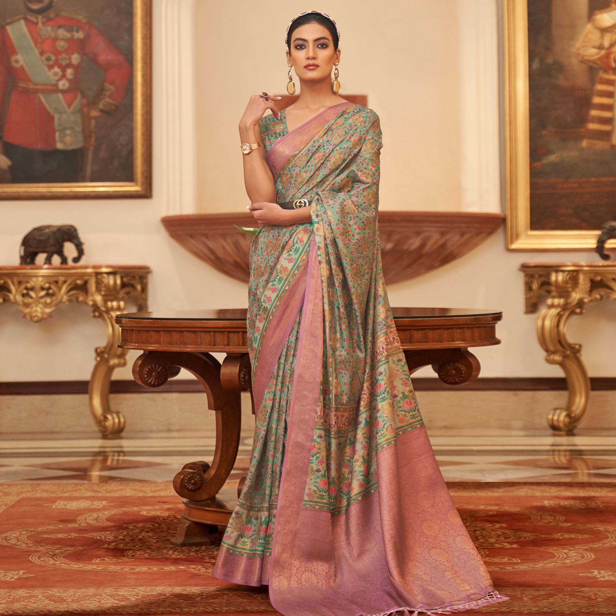 Green Partywear Digital Printed Silk Saree - Peachmode