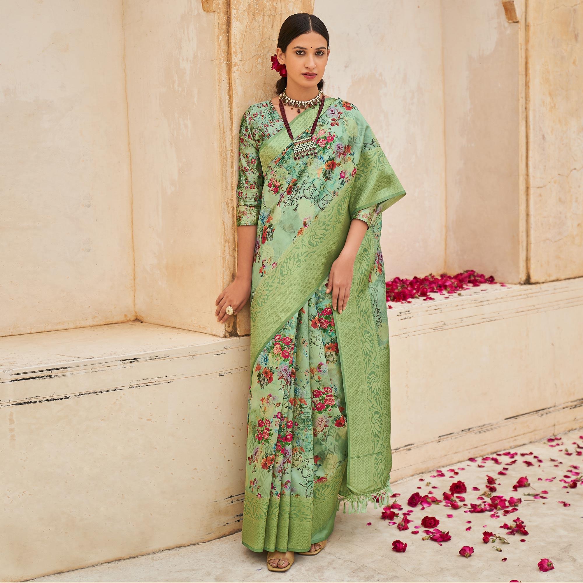 Green Partywear Digital Printed Silk Saree - Peachmode
