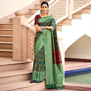 Green Partywear Digital Printed Silk Saree - Peachmode