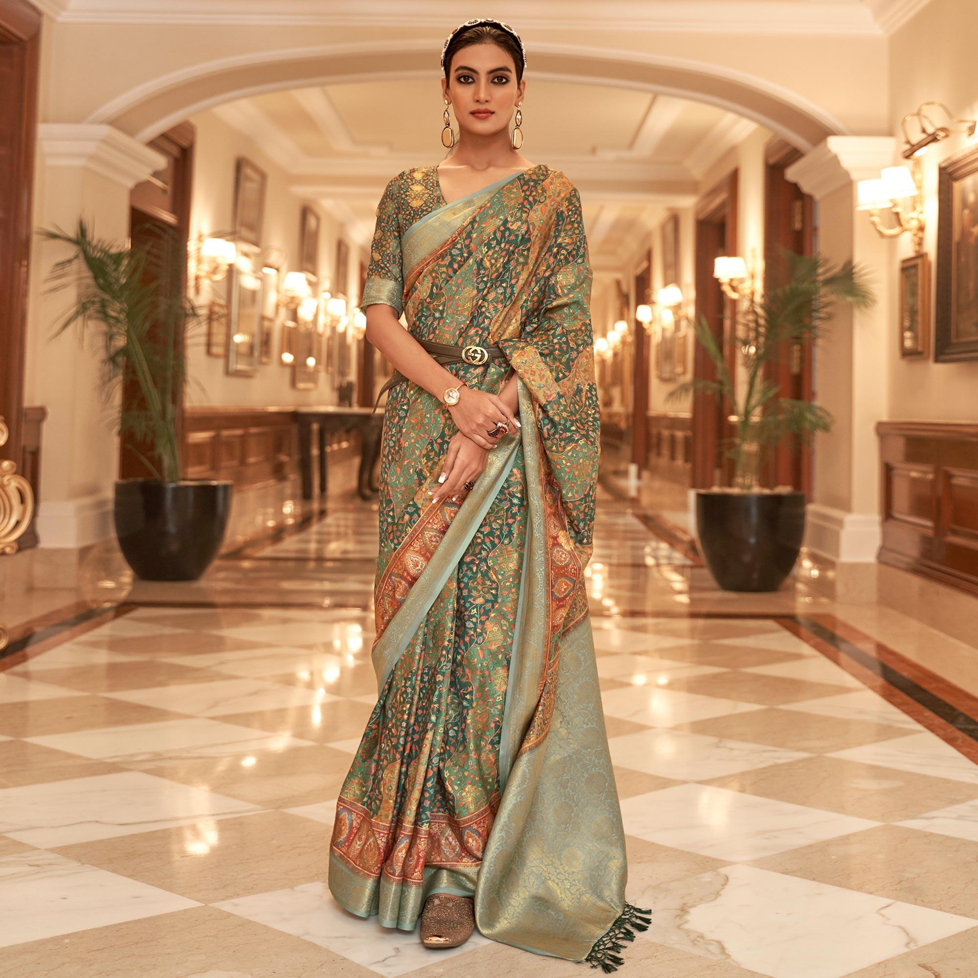 Green Partywear Digital Printed Silk Saree - Peachmode