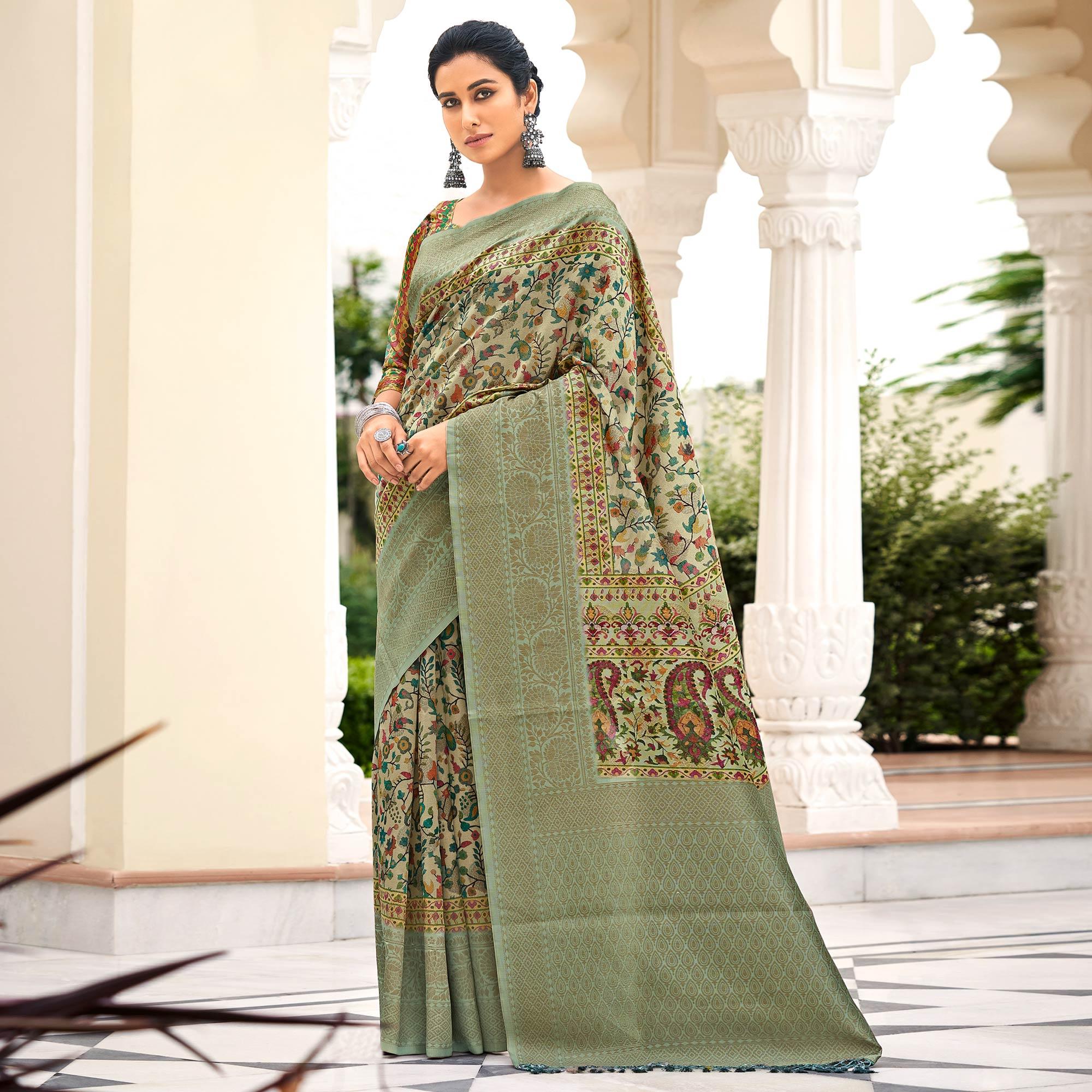 Green Partywear Digital Printed Silk Saree - Peachmode
