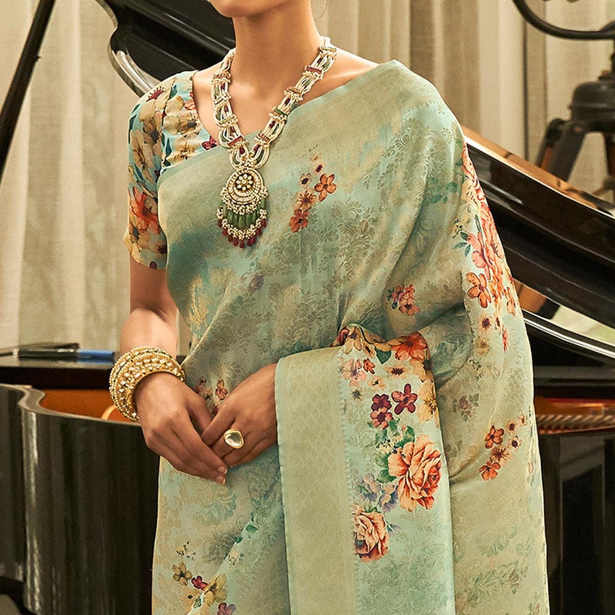 Green Partywear Digital Printed Silk Saree - Peachmode