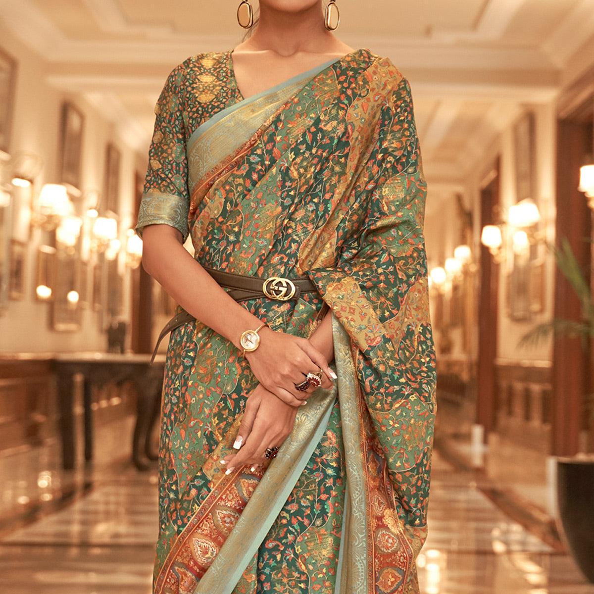 Green Partywear Digital Printed Silk Saree - Peachmode